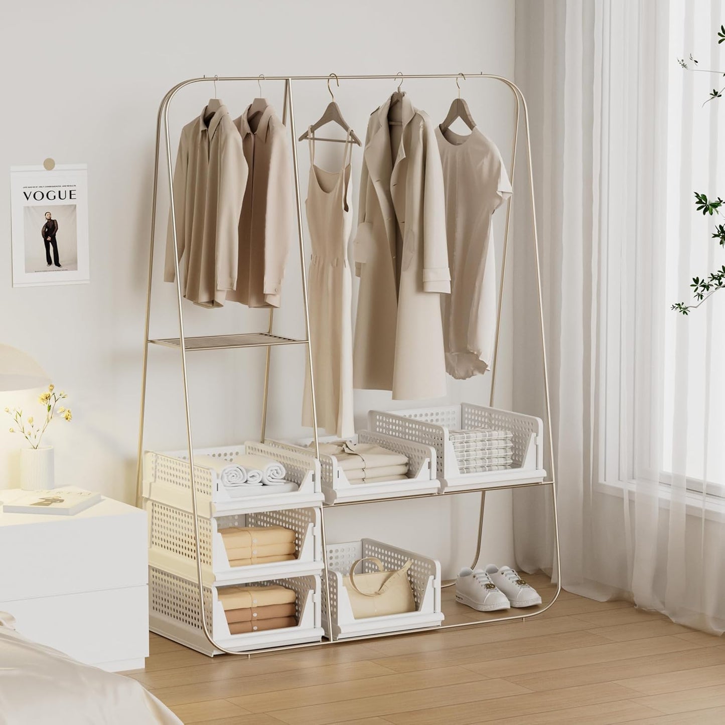 5 Pack Stackable Plastic Storage Basket Closet Organizer Bin Foldable Clothes Organizer Storage Drawer Shelf Container for Living Room Bathroom Kitchen Office (5L)