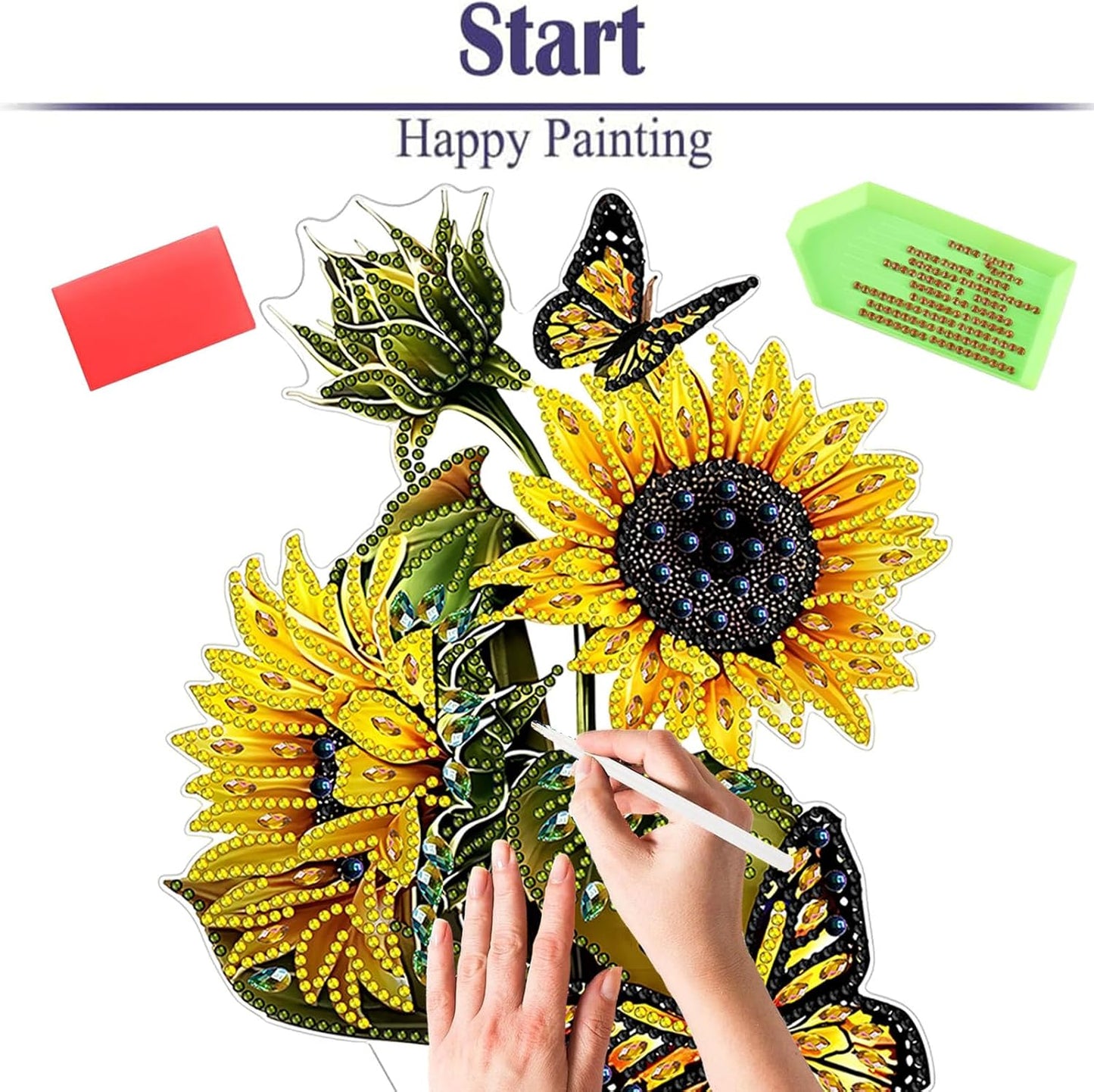 Diamond Painting Kits for Adults Beginners, 5D Full Drill Sunflower Butterfly Crystal Art Desktop Ornament, DIY Single Sided Home Office Desk Decor, Creative Craft Gift Set with Tools