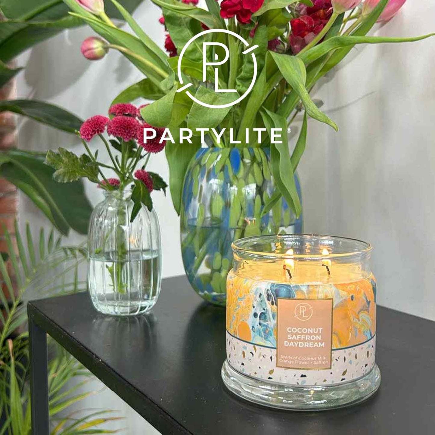 PartyLite 3-Wick Jar Candle, Highly Fragranced Clean Burning Glass Candle, 25-45 Hours Burn Time (Coconut Saffron Daydream)