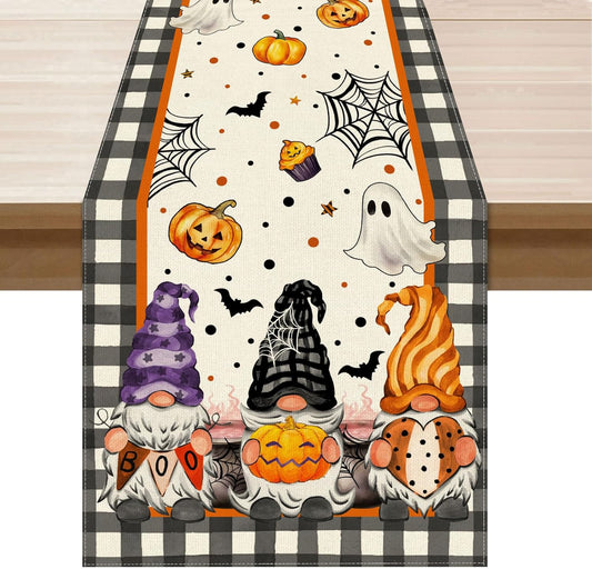 XCHI Spooky Boo Plaid Gnome Halloween Table Runner Party Table Decoration for Home Kitchen Dining Holiday Decor 13x108 Inch
