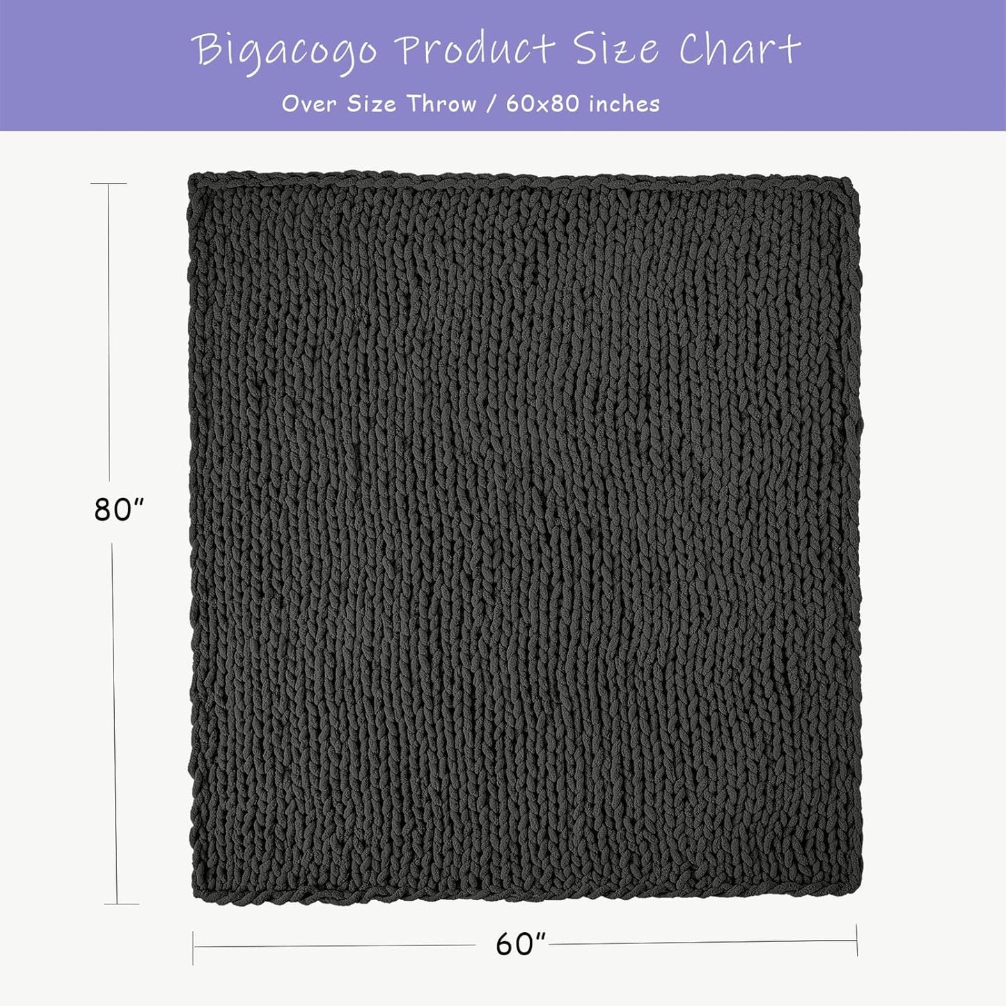 Bigacogo Chunky Knit Throw Blanket for Couch, 60x80 inches, 100% Hand Knitted with Thick Jumbo Chenille Yarn, Cozy Soft Large Rope Knot Cable Crochet Blankets for Sofa Bed Living Room, Dark Grey