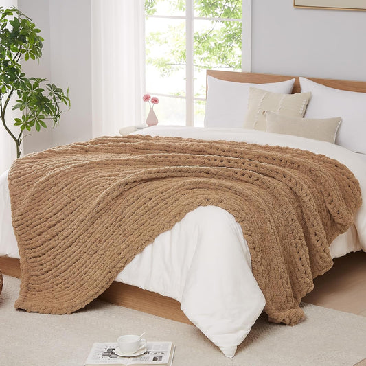 L'AGRATY Chunky Knit Blanket Throw: 72''x84'' Chenille Chunky Knitted Throw Blankets for Bed Couch - Handmade Thick Big Cable Knit Blanket - Large Crochet Rope Blankets for Home Decor(Tan)