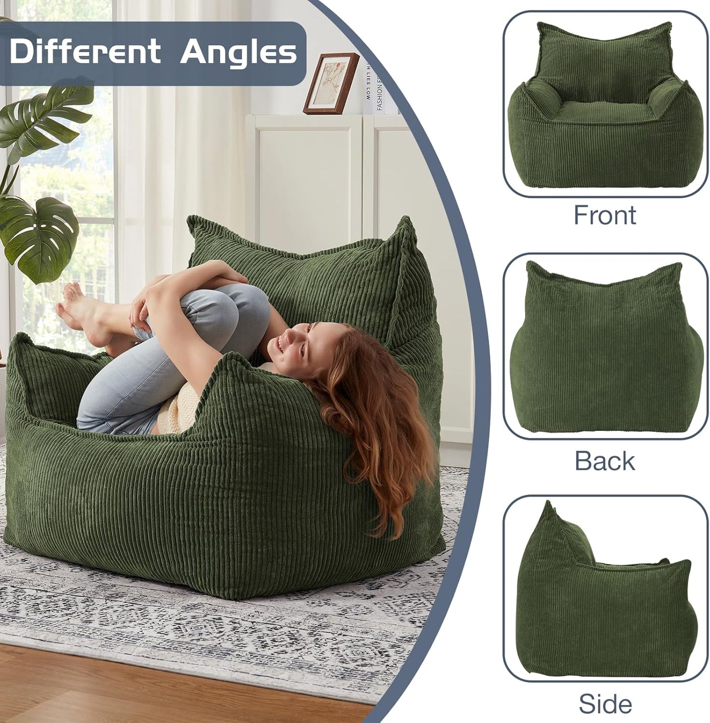 Giant Bean Bag Chair Sofa for Adults Teens, Comfy Corduroy Large Bean Bag Chairs with Armrests for Bedroom Living Room, Adult BeanBag Lazy Sofa Couch Chairs with Filler Included