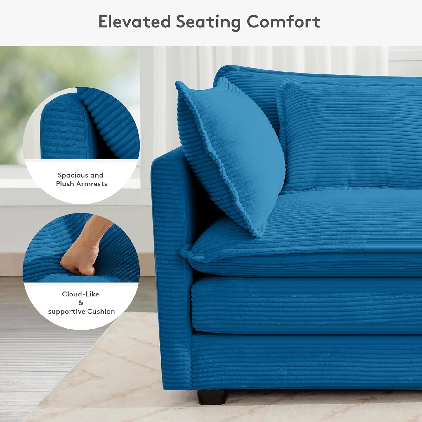 ROWHY 113'' Modular Sectional Cloud Couch, 5 Seater Corner Sofa Big Comfy Corduroy Oversized L Shaped Couch with 2 Pillows, Chaise, Ottoman, Deep Seat Sectional Couches for Living Room Office, Blue