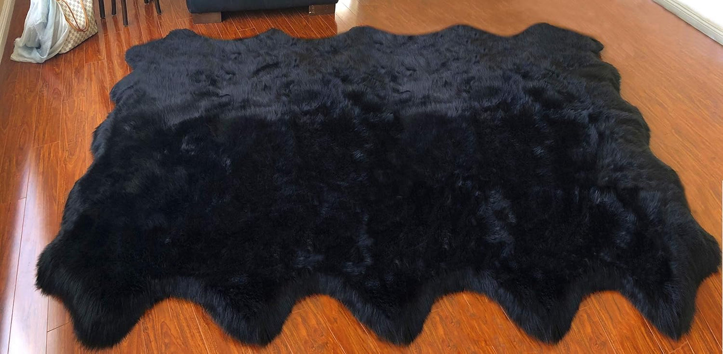 LAMBZY Faux Sheepskin Hypoallergenic Free Shape Silky Shag Rug, Luxury Shaggy Silky Plush Carpet for Bedrooms Rugs Living Room Kids Rooms Sofa Floor Rugs (Decto 10 Pelts 6'x10', 180x300cm Black)