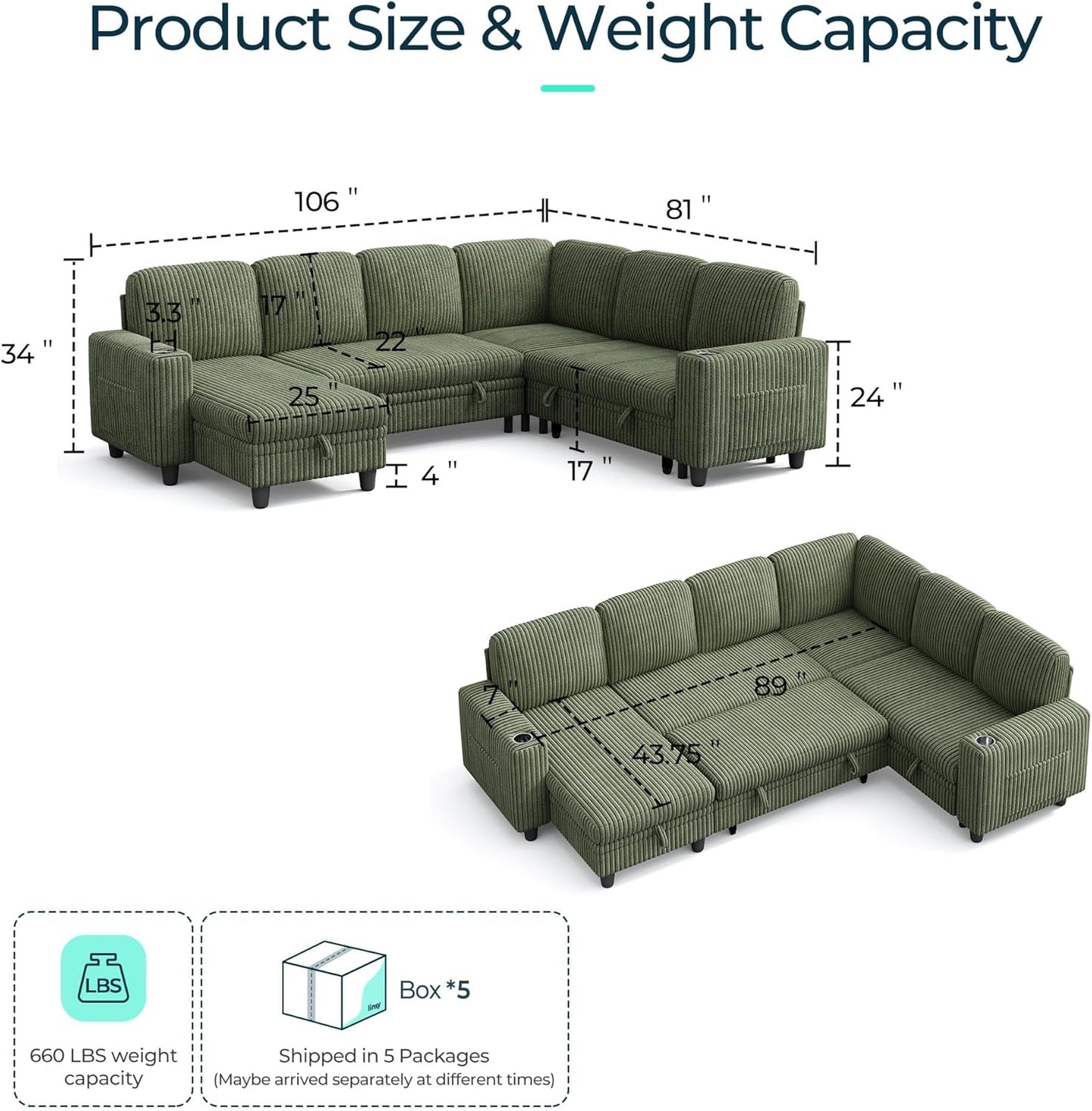 LINSY HOME Sectional Sleeper Sofa with Pull Out Couch Bed Convertible Plush Corduroy Cloud Couch with Storage Chaise & USB Charging, Comfy Modular Couches for Living Room (Green)