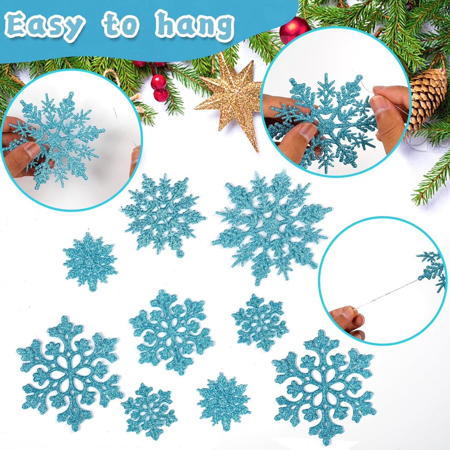 36pcs Christmas Light Blue Snowflake Ornaments Plastic Glitter Snow Flakes Ornaments for Winter Christmas Tree Decorations Size Varies Craft Snowflakes