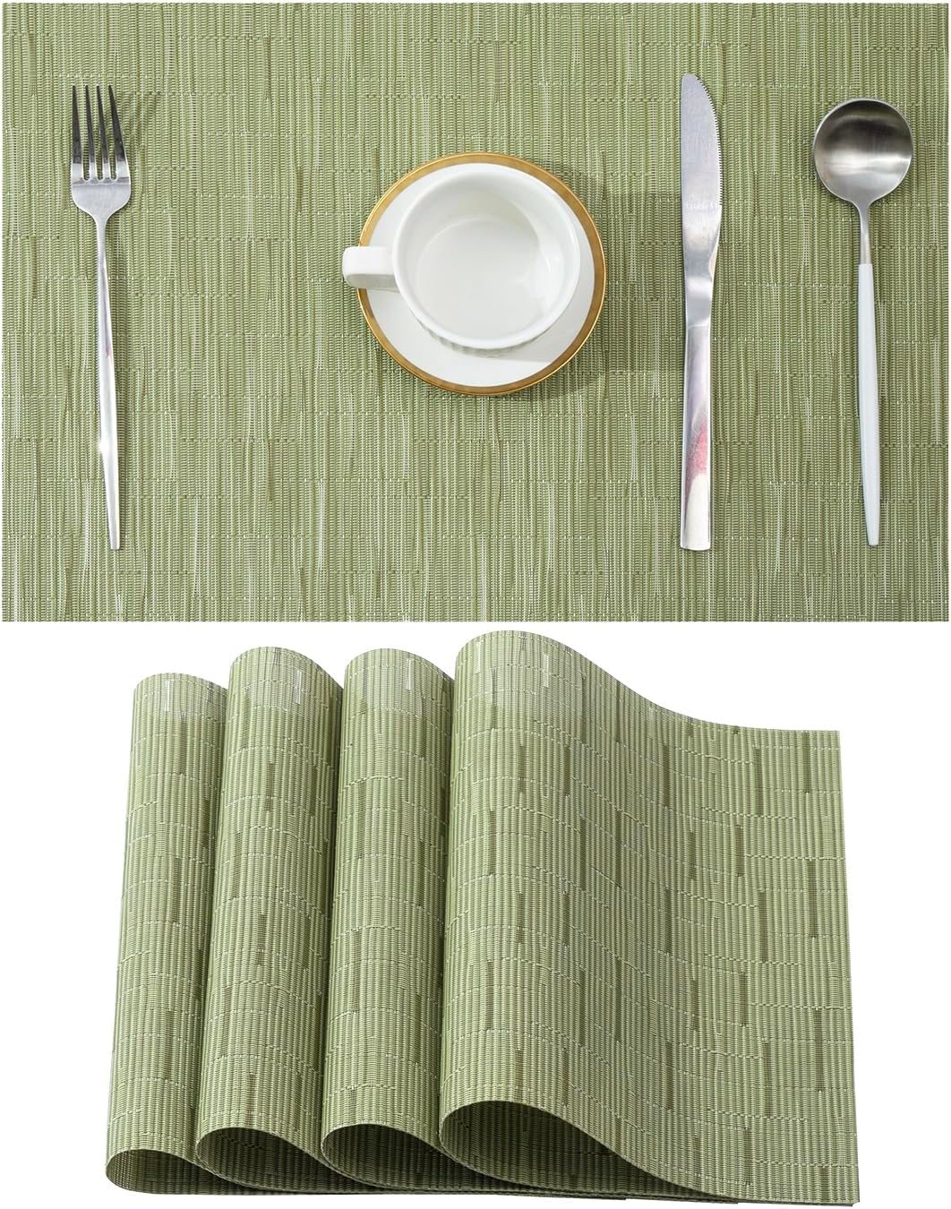 Leetaltree Pea Green Placemats Set of 4 - Heat Resistant Non-Slip Place mats for Dining Table, Washable Durable PVC Vinyl Woven Table Mats（Pea Green, 4）
