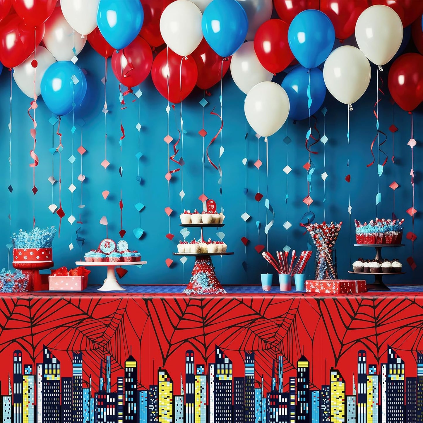 Oudain 5 Pcs Spider Tablecloth 108 x 54 in Red and Blue Plastic Disposable Table Covers City Web Theme Birthday Party Decorations Large Table Cloths for Party Indoor Outdoor (Classic)