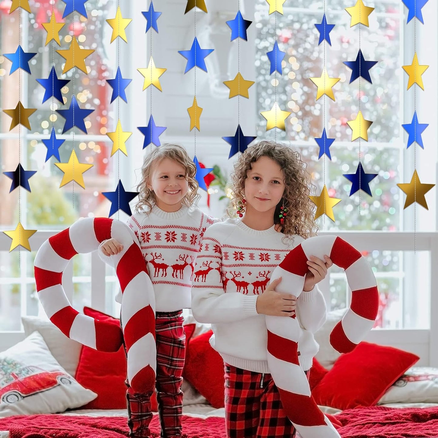 Patelai Glitter Star Garland Banner Decor 130 Feet Star Hanging Bunting Banner Twinkle Backdrop for Homecoming Classroom Wedding Birthday Halloween Christmas Party Supplies(Blue, Gold)