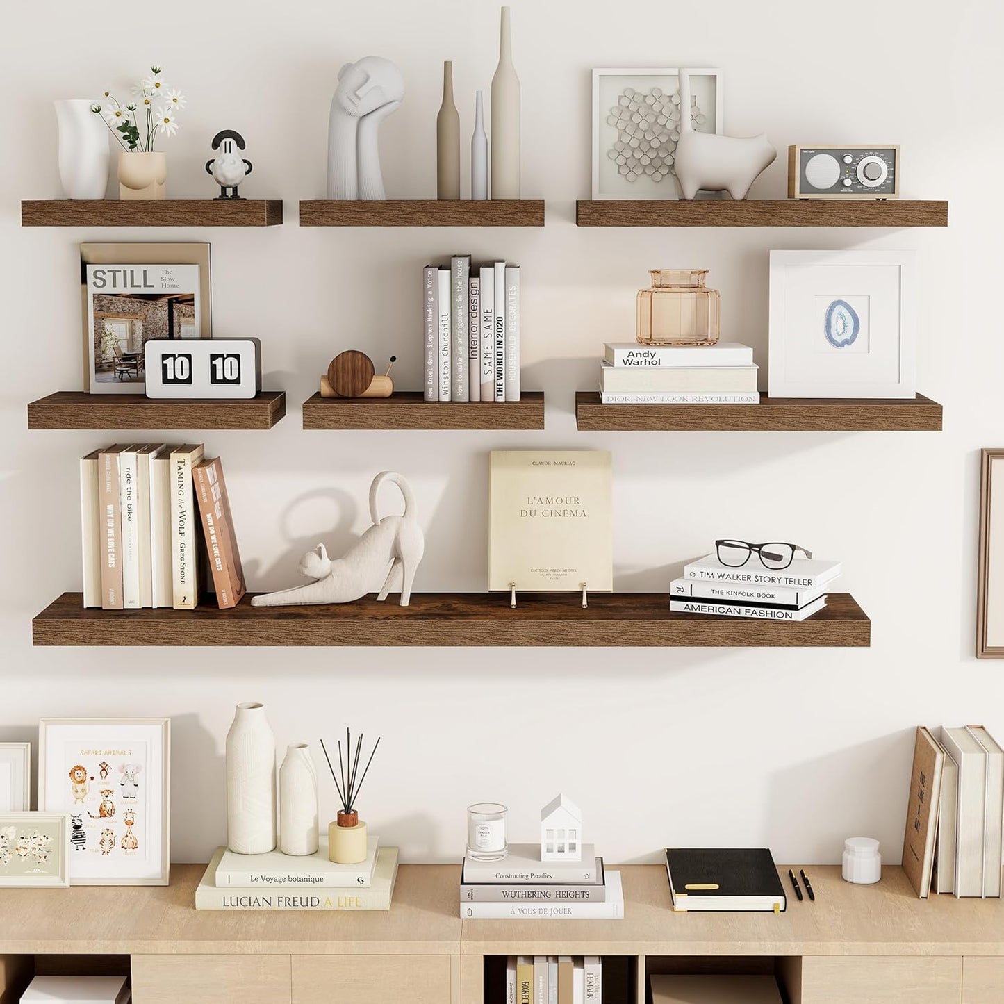 16 Inch Floating Shelves, 16"x9.25"x1.5" Inch Deep Floating Shelves for Wall, Wooden Shelves for Bathroom, Bedroom, Living Room, Brown