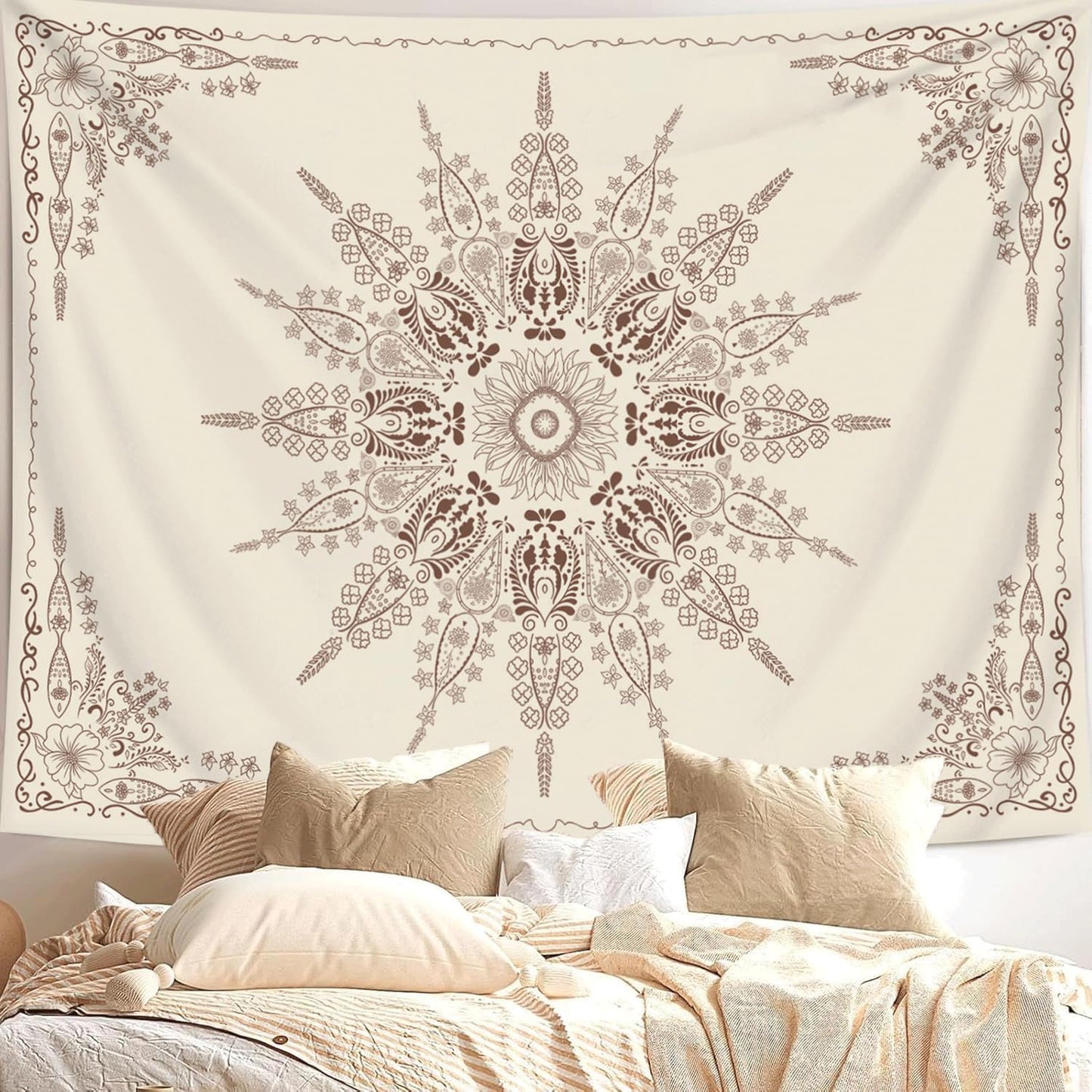 FORATER Floral Bohemian Tapestry, Flower Aesthetic Indian Wall Hanging Boho Tapestries Mandala Room Decor Tapestry for Bedroom Living Room Dorm (Flaxen, 82L x 61W)
