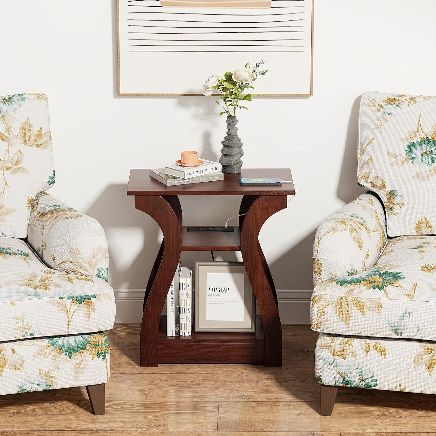 End Tables Living Room, Cherry End Table with Charging Station, Nightstand for Bedroom, 3 Tier End Table with Storage Shelf for Living Room(Cherry)