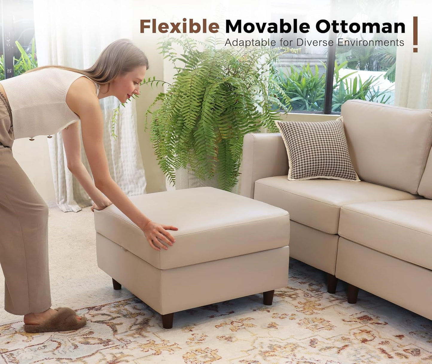 Faux Leather Single Sofa with Storage Ottoman, Modern Accent Chair Deep Seat Large Reading Armchair, Chaise Lounge Chair for Living Room Bedroom Office Whitesand