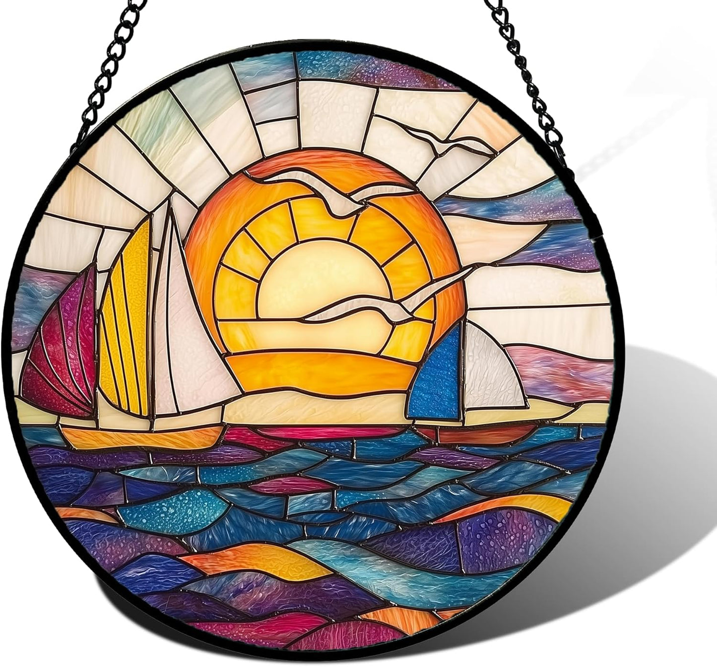Stained Glass Window Hanging, Sailboat and Waves Suncatcher Diamond Glass Panel Hangings Sun Catchers Decor for Birthday for Women, Men, Wife, Aunt, and Mom 6.3 in