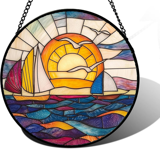 Stained Glass Window Hanging, Sailboat and Waves Suncatcher Diamond Glass Panel Hangings Sun Catchers Decor for Birthday for Women, Men, Wife, Aunt, and Mom 9.8 in