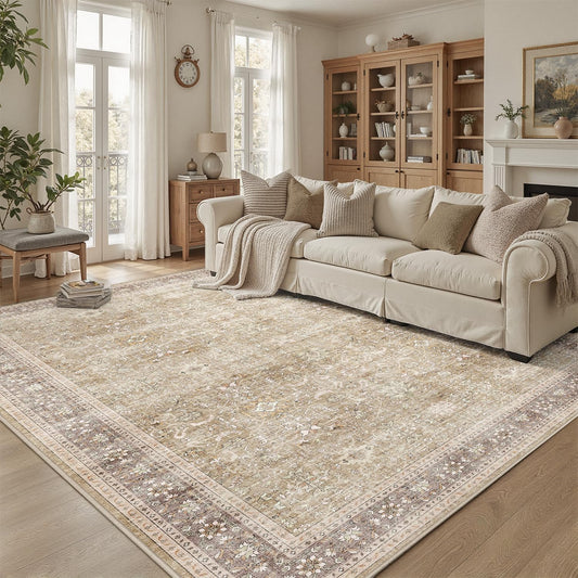DCX Machine Washable Brown and Beige Area Rug 8x10, Non Slip Stain Resistant Vintage Rug for Living Room Diningroom Bedroom Nursery, Soft Low Pile Large Carpet