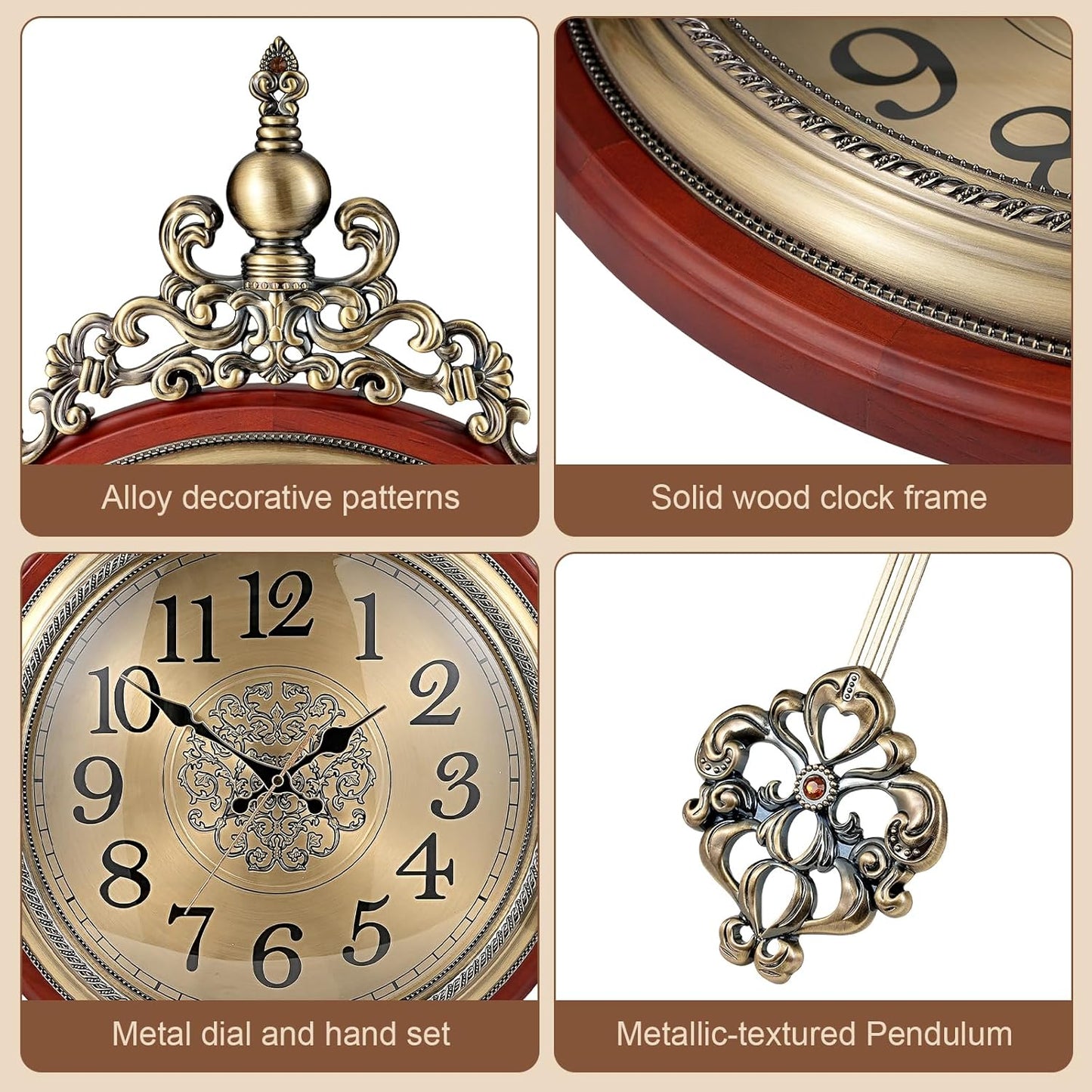 Vintage Wall Clock with Pendulum, 16 Inch Large Retro Metal and Glass Silent Clock for Living Room, Antique Wood Pendulum for Dining Room Office Home Decor