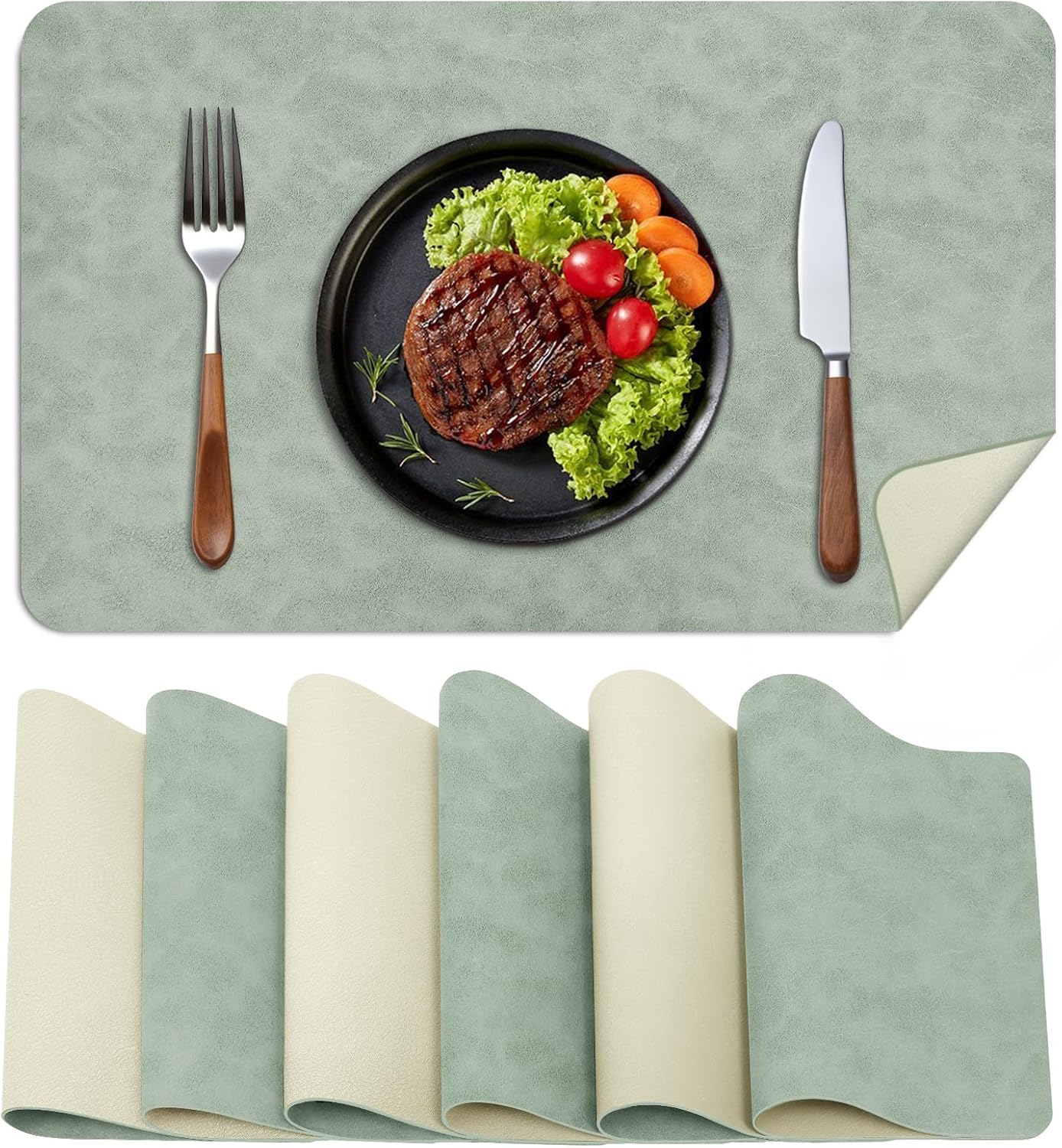 BLESWIN Faux Leather Placemats, Set of 6, 12×17 Inch -Double Side Texture Color Table Mats, Heat-Resistant, Waterproof and Oil-Resistant, Suitable for Dining Room, Kitchen, Party, Outdoor -Green&White