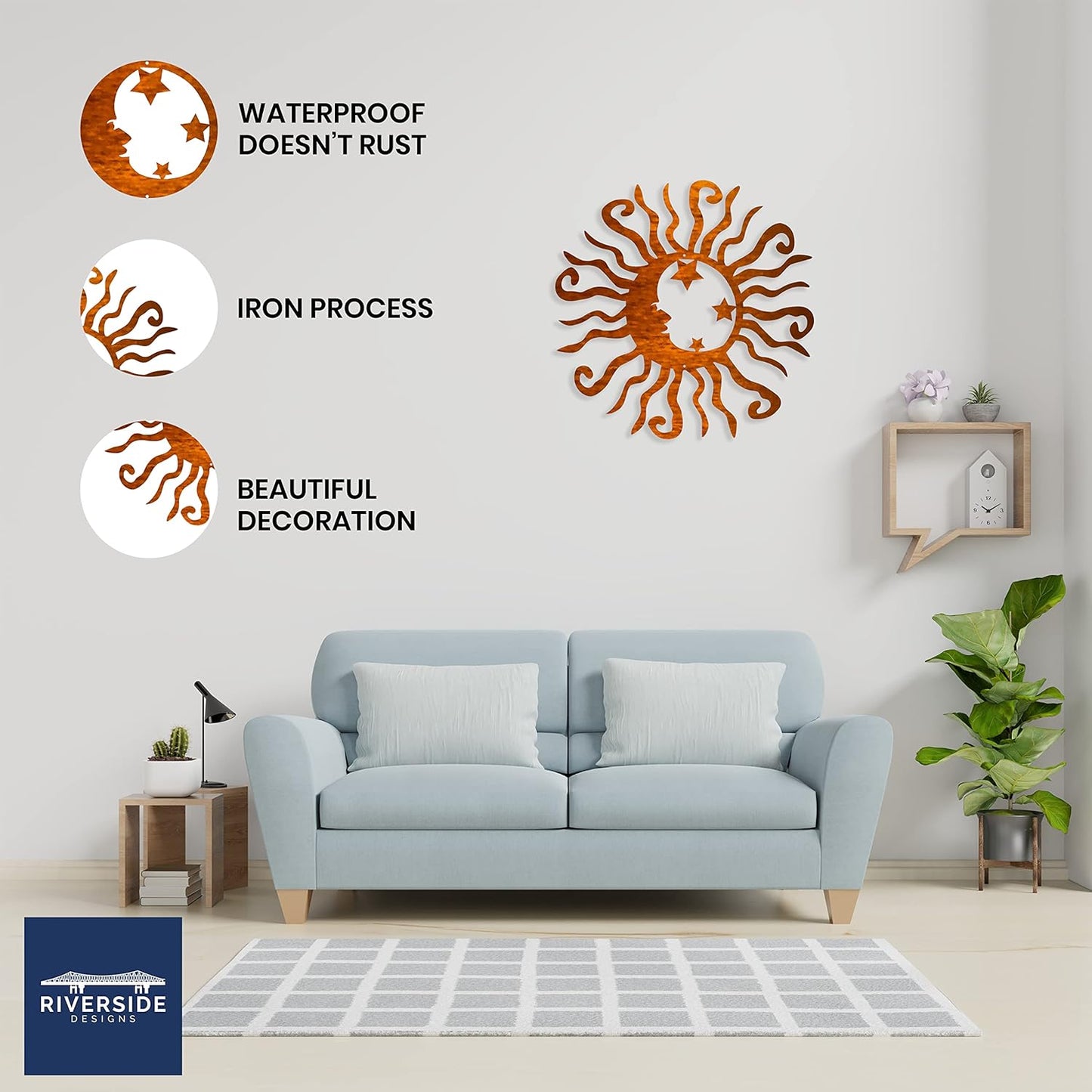 Riverside Designs Wacky Solar Moon Metal Wall Art Steel Outdoor Decor | Heavy-Duty and Waterproof | Made in USA (Copper, 24L x 24W)