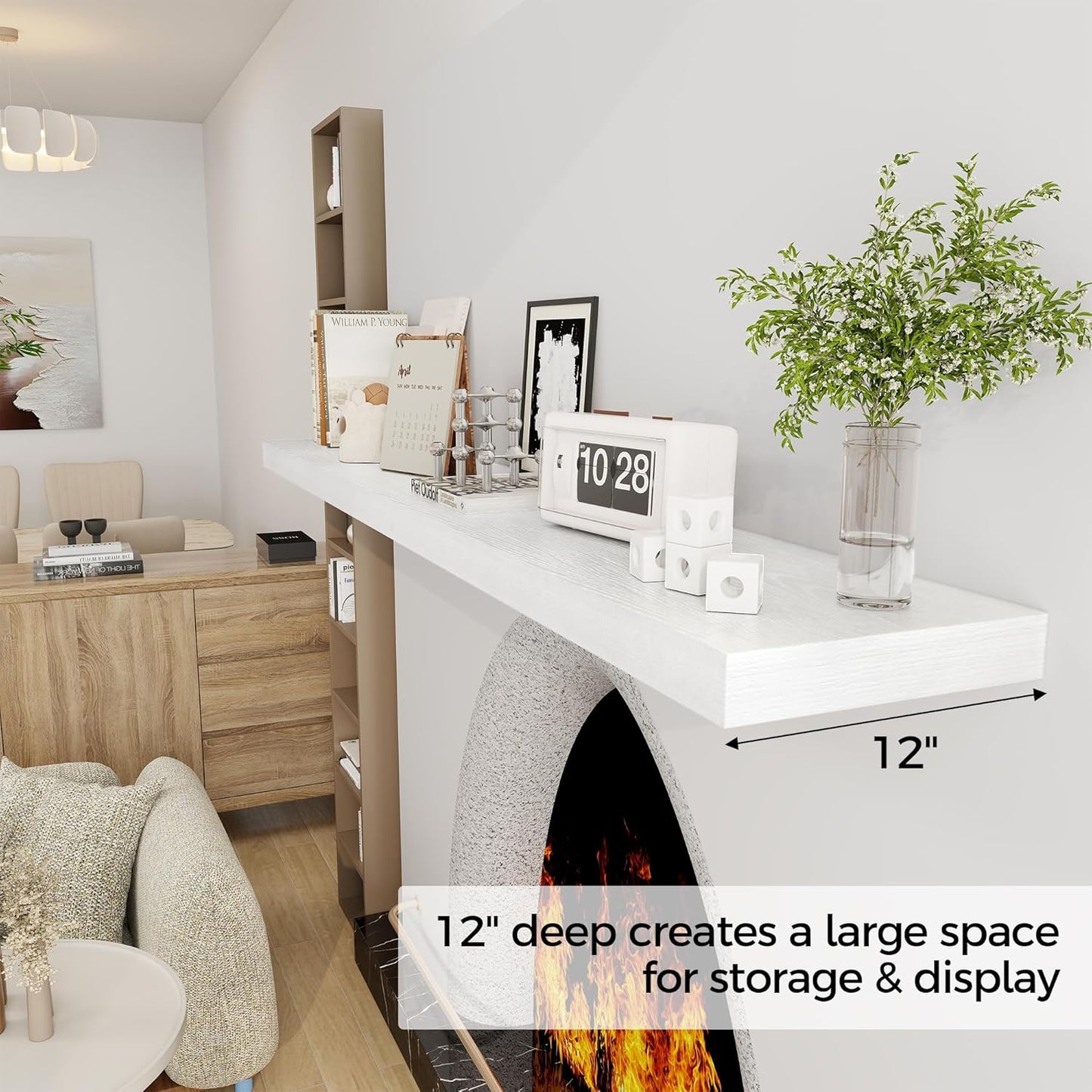 Fun Memories 72 Inch Floating Shelf, 12 Inch Deep Wall Shelf for Fireplace Mantel, Deep Storage Shelves for Home & Office, Wall Shelves with Invisible Bracket, White, Set of 1