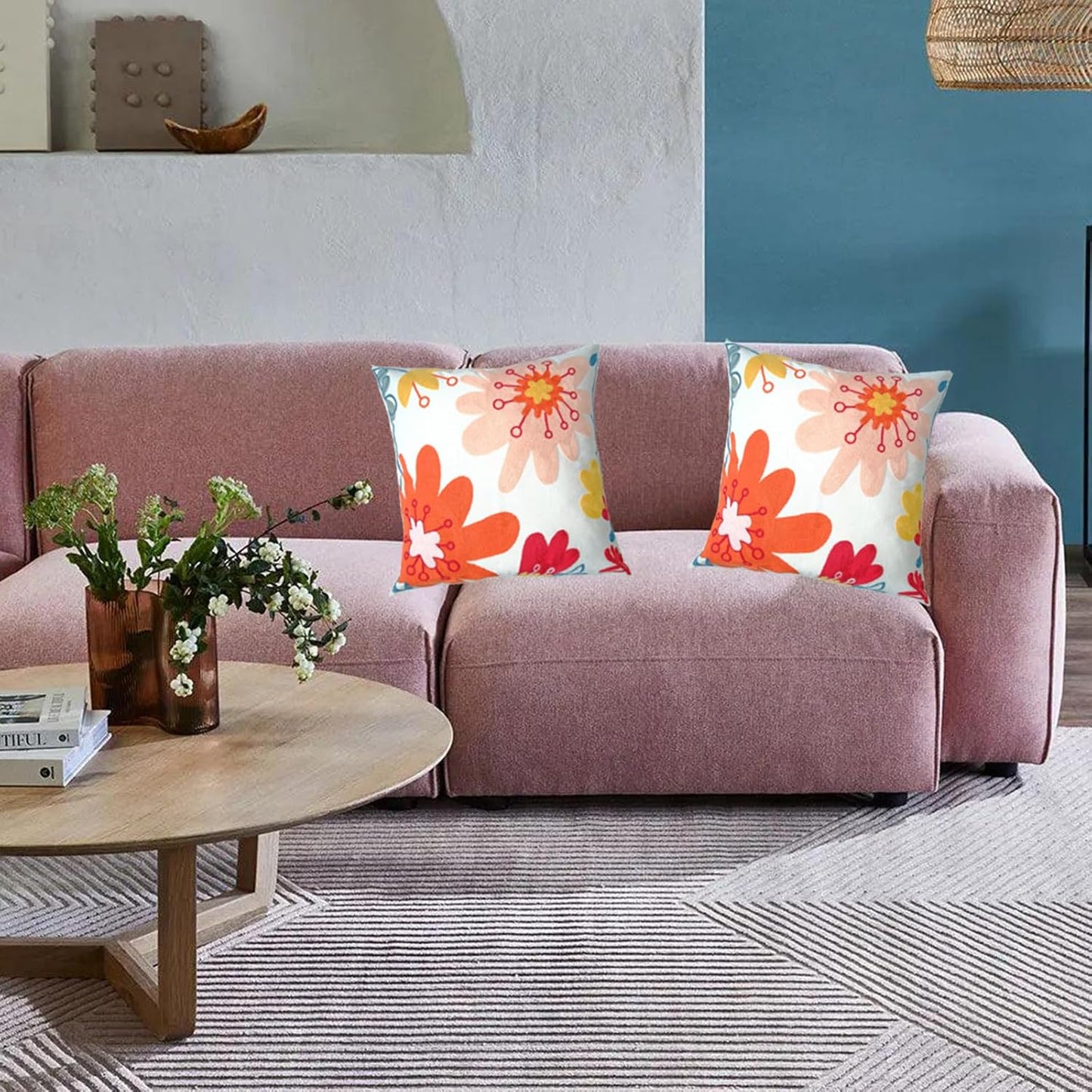 Embroidered Decorative Throw Pillow Cover, 18"x18" Set of 2, Farmhouse Pillowcase Pink Red Flower Knit Pattern Cotton Canvas Cushion Case Square Floral Pillow Case for Sofa Couch Bed Living Room…