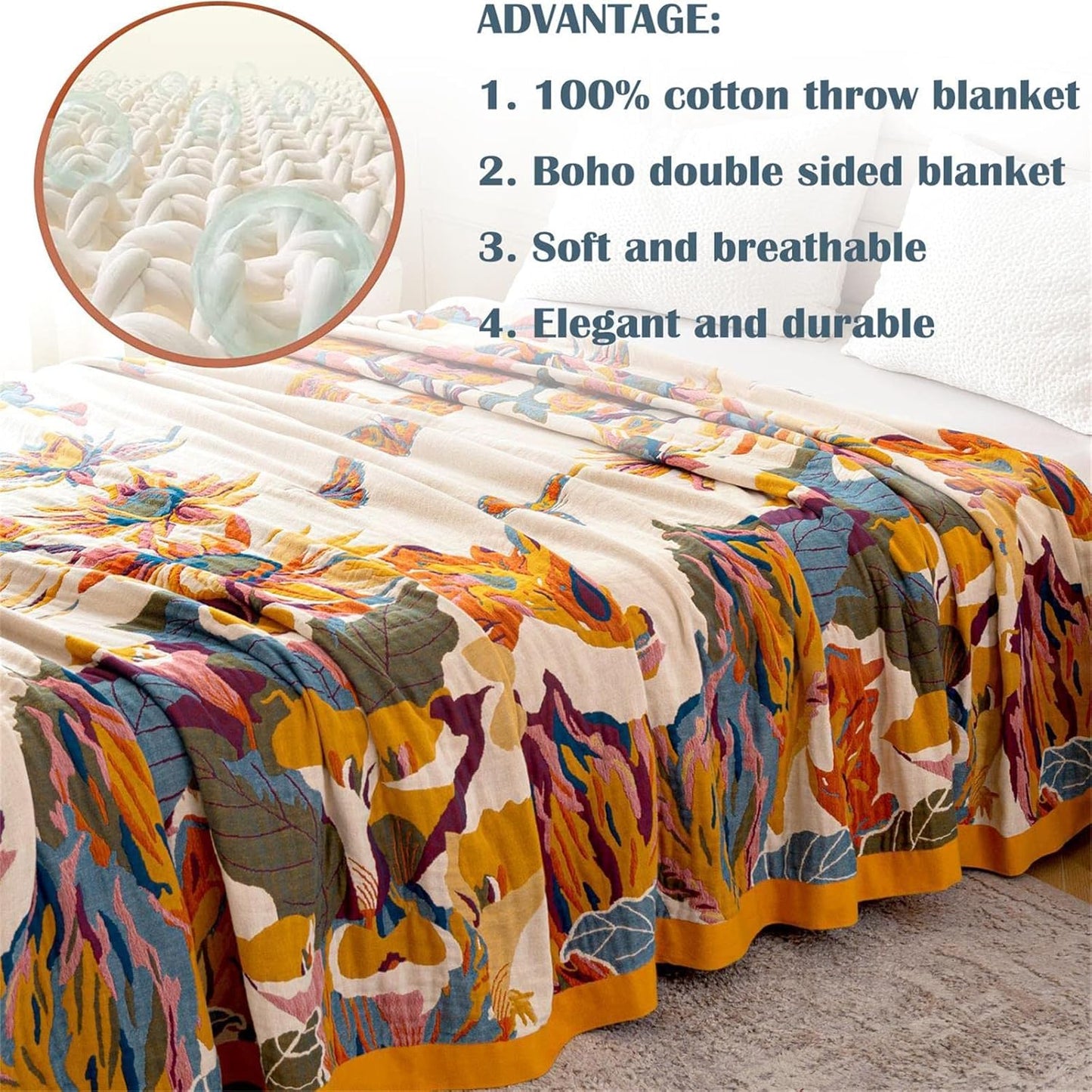 Boho Throw Blanket for Couch 100% Cotton Throw Floral Bed Blanket 80''x90'',Cotton Quilts Travel Knitted Muslin Blanket Home Decor Cozy Blankets for Women