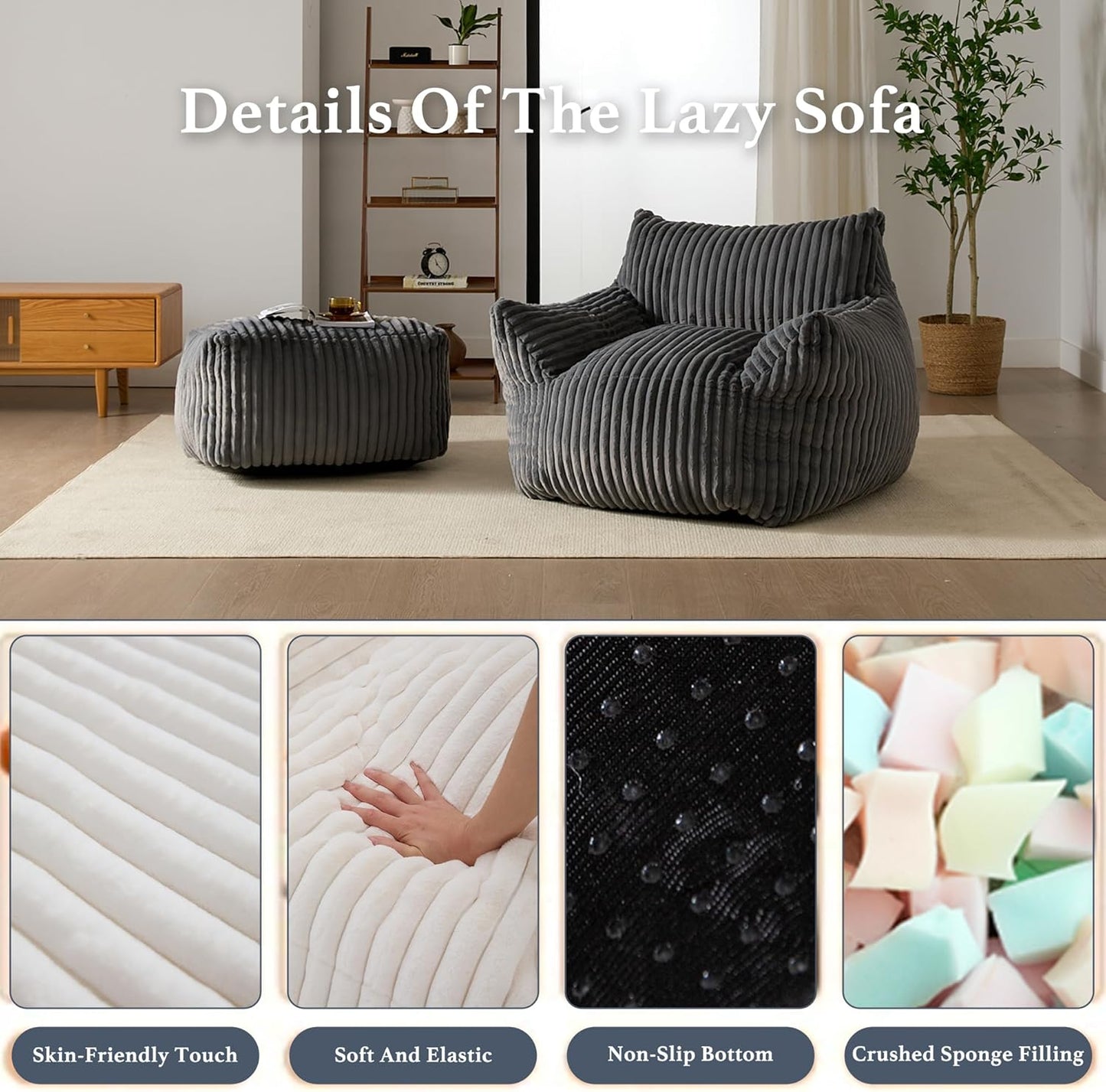 Oversized Bean Bag Chaise Lounge Chair Indoor for Adults with Armrests & Ottoman - Giant Comfy Gray Beanbag Floor Sofa Cloud Accent Chair for Reading, Gaming, Cozy Plush Cloud Mini Couch