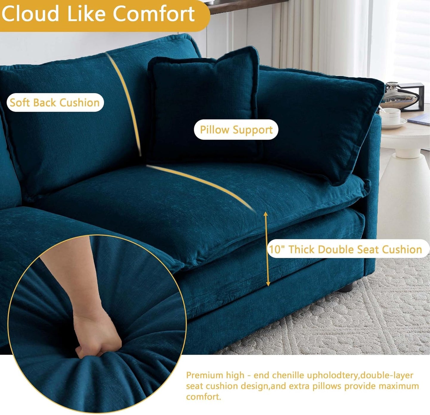 Sectional Sofa 2 Seater with Movable 1 Ottoman,Oversized Modular Couch Deep Seat (Blue, 76.7 inch-L)