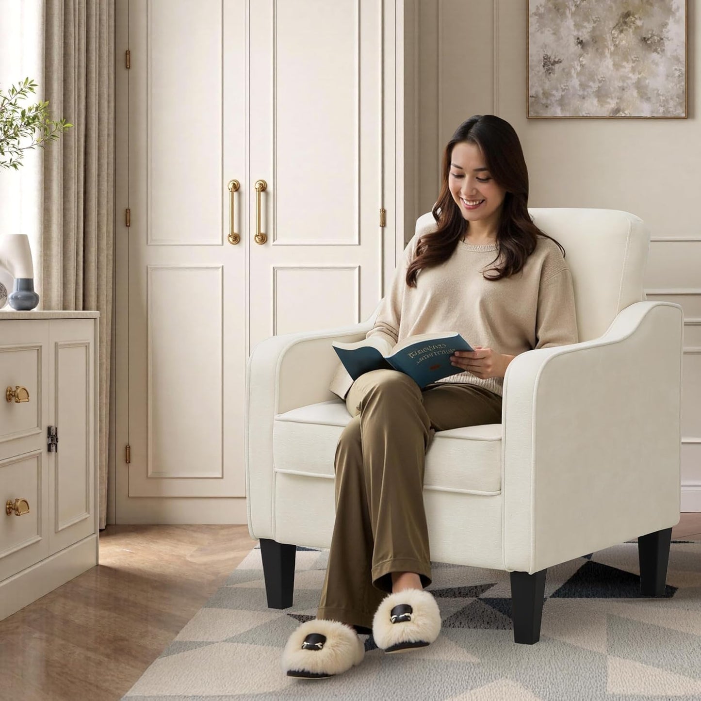 Accent Chair for Living Room, Mid Century Modern Reading Chair for Bedroom, Upholstered Armchair with Side Pockets, Comfy Single Sofa Side Chair for Office, Apartment, Small Room, Beige