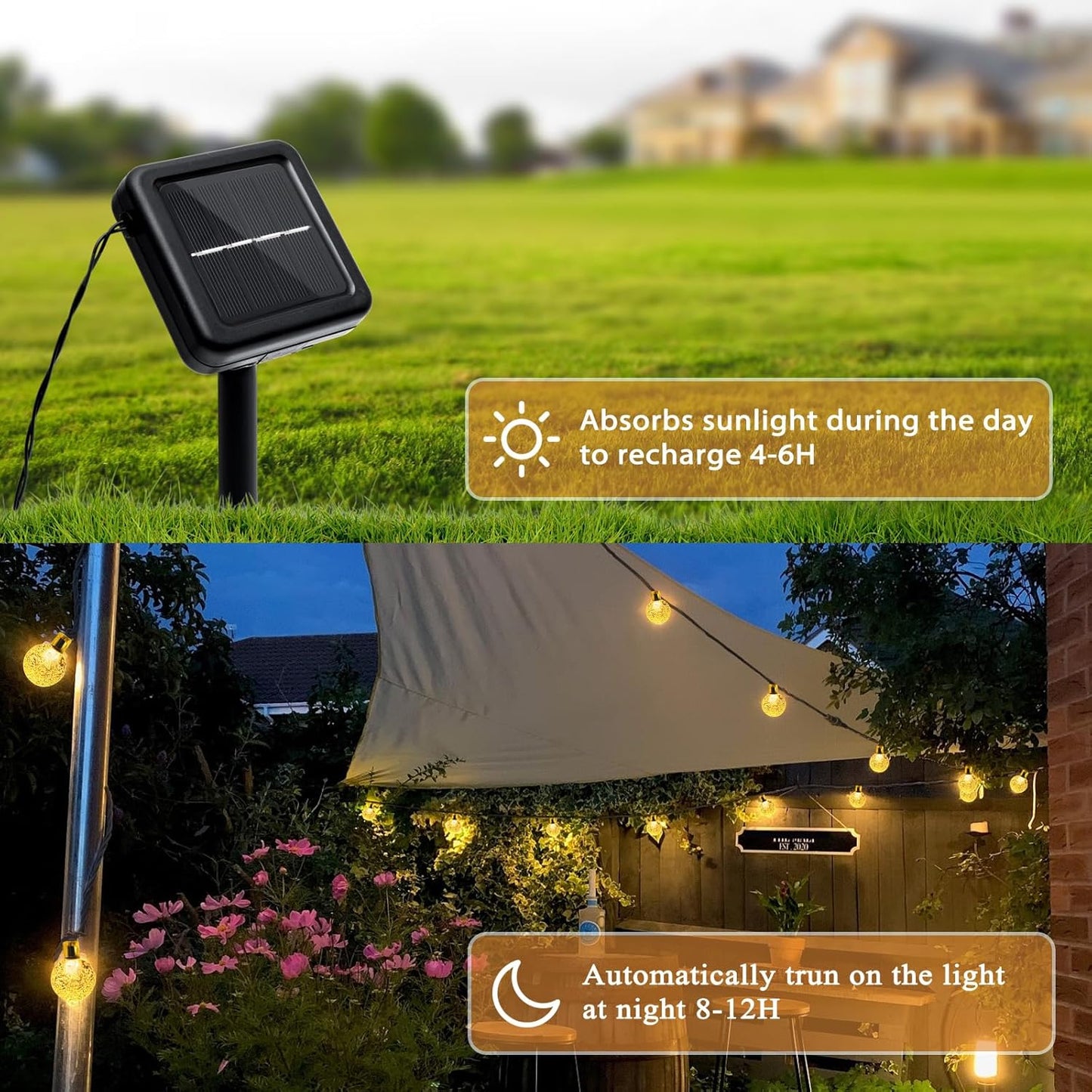 Outdoor Solar String Lights, 46FT 66LED 8Modes Crystal Solar Powered Christmas Fairy String Lights Waterproof for Outside Yard Fence Easter Holiday Party Porch Garden Decor(Warm White)