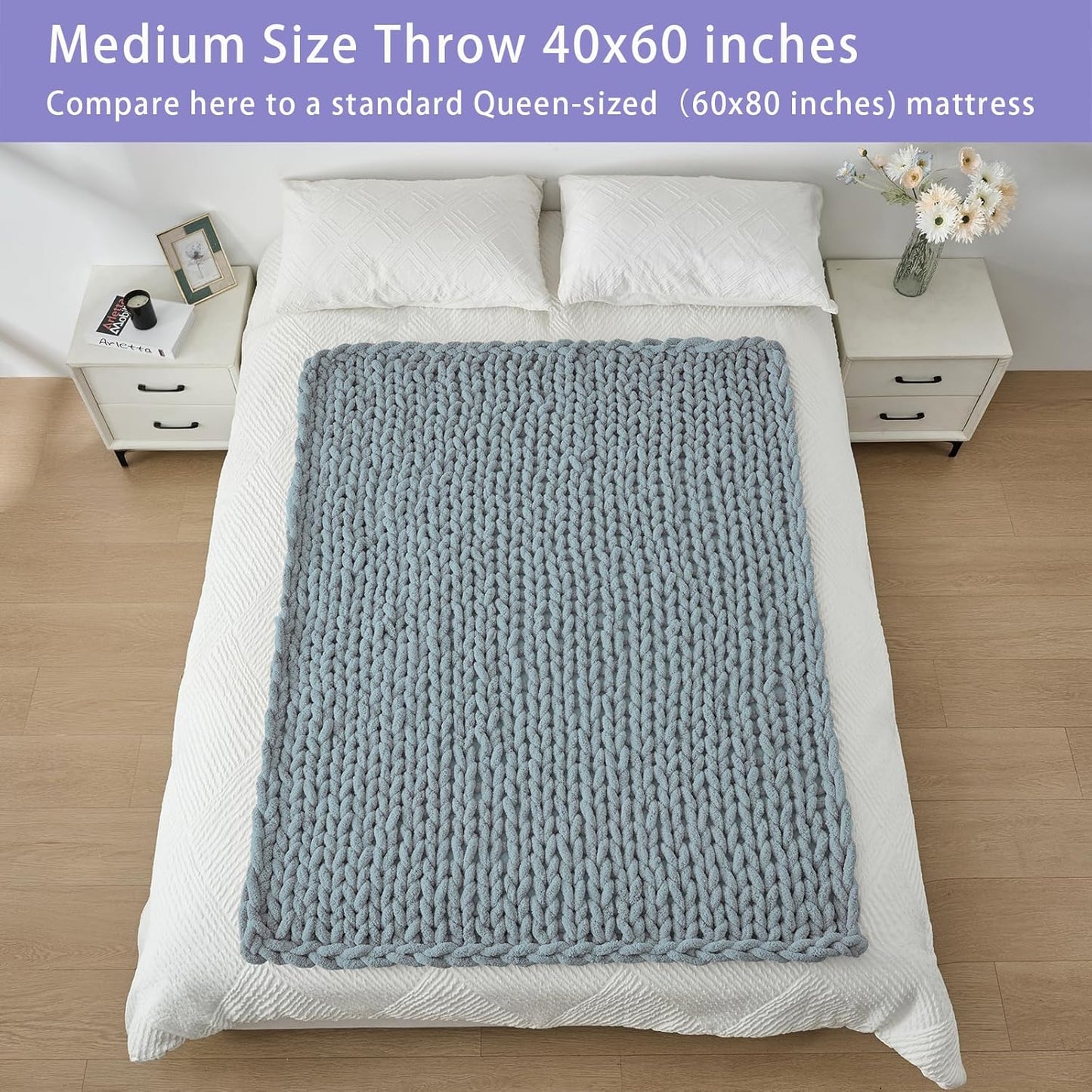 Bigacogo Chunky Knit Throw Blanket for Couch, 40x60 inches, 100% Hand Knitted with Thick Jumbo Chenille Yarn, Cozy Soft Large Rope Knot Cable Crochet Blankets for Sofa Bed Living Room, Dusty Blue