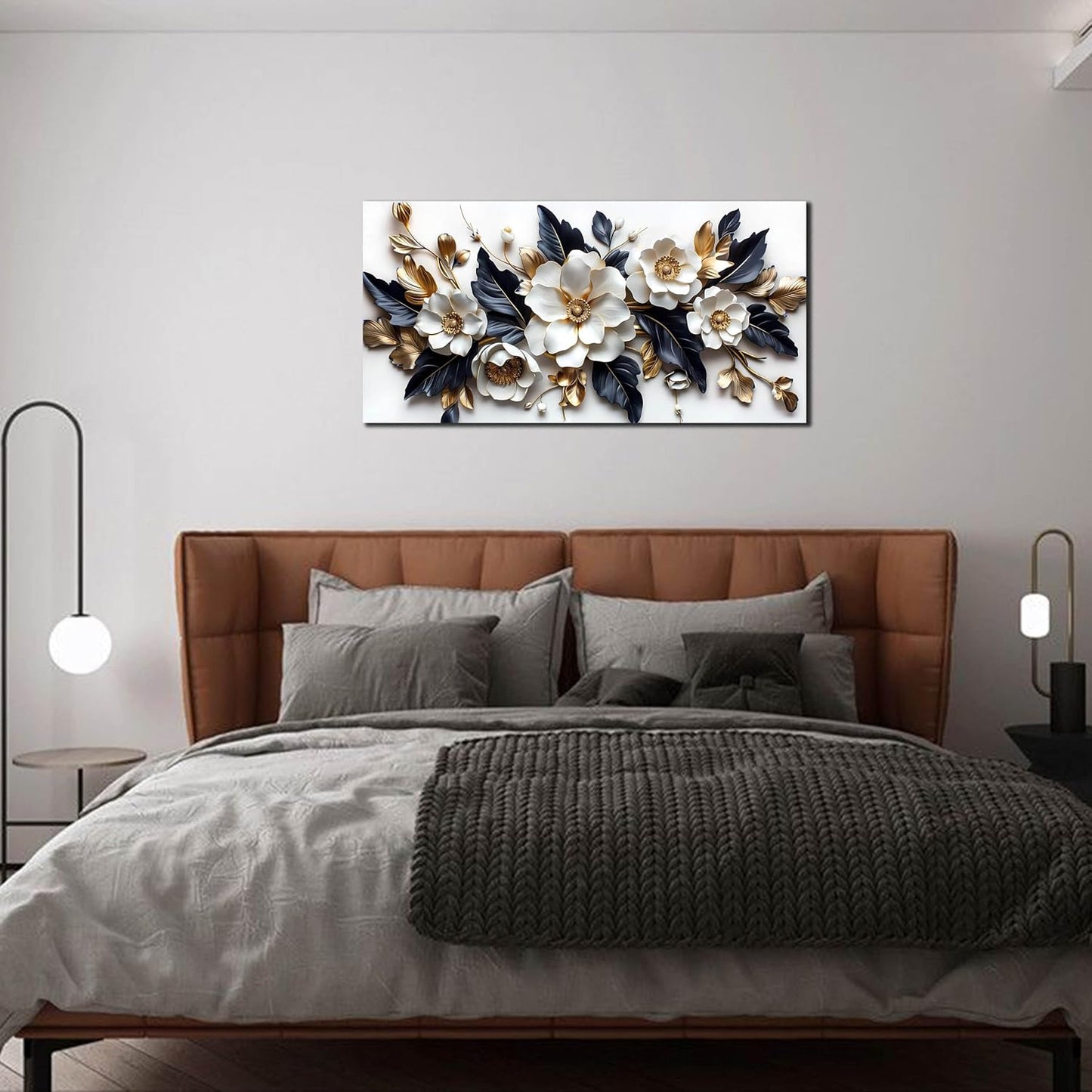 HUBOSKN Flower Pictures Wall Decor for Living Room - Blue White and Gold Wall Art for Bedroom - Modern Wall Decor for Bedroom Women Size 20" x 40"