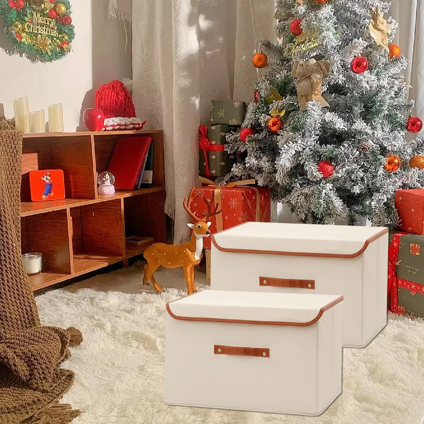 Tuza 4 Pack Large Fabric Storage Bins with Lids, Foldable Storage Boxes with Lids for Organizing, Decorative Storage Boxes with Handles for Home, Bedroom, Closet, Office(Khaki, Large)