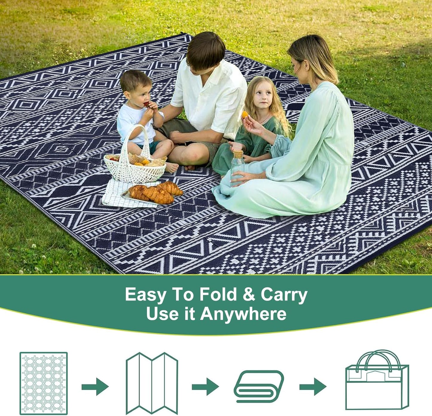 GAOMON Reversible Outdoor Rug 9'x18' Waterproof Plastic Straw Rug, Patio Rug, Large Modern Area Rug Carpet, Indoor Outdoor Rugs for Camping, Porch, Deck, Balcony, Backyard, Dark Blue/White(Bohemia)
