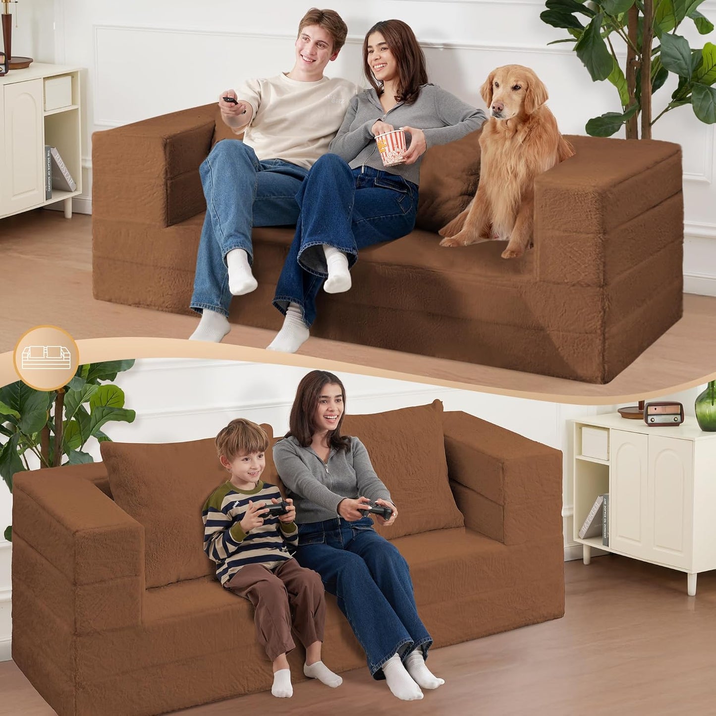 Folding Bean Bag Chair for Adults,3-in-1 Bean Bag Couch Faux Fur Floor Sofa Large Beanbag Convertible Bean Bag Sofa Bed with Pillow in Bedroom,Living Room,Apartment(Queen,Caramel)