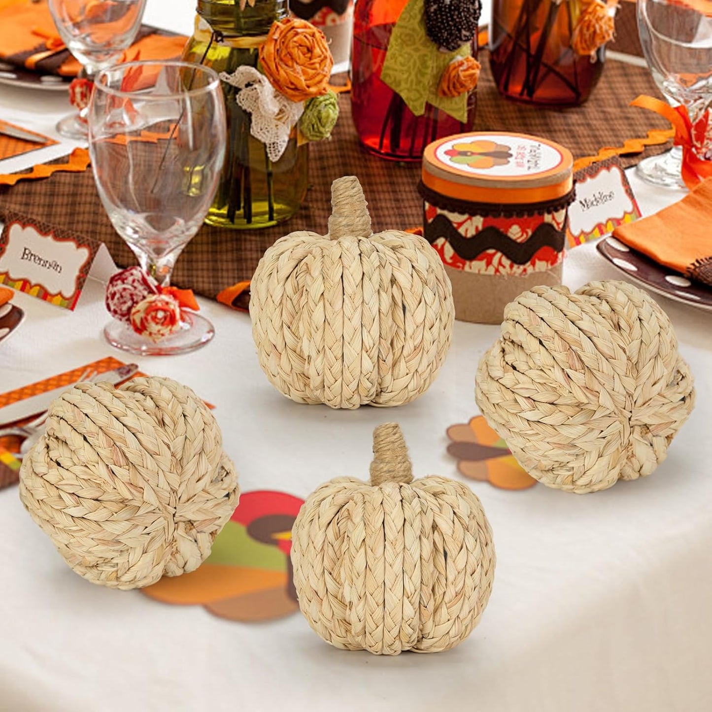 naturevibe 4.3 Inches Braided Cornhusk Pumpkin Decor Set of 4 as Centerpieces for Tables,Natural Corn Stalks Woven Pumpkins for Fall Home Decor,Thanksgiving Decorations or Autumn Harvest Gifts