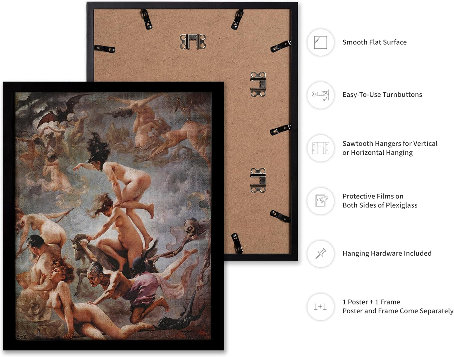 Poster Master Vintage Luis Ricardo Falero Poster - Retro Occult Print - Gift for Gothic, Horror Fan - Witches Going to their Sabbath, Pagan - Wall Decor for Bedroom, Dorm, 8x10 Black Framed