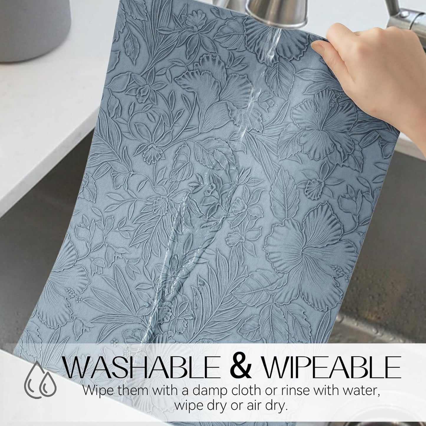 Romanstile Vinyl Placemats Set of 6-12 X 18 Inch - Heat Resistant Non-Slip Embossed Floral Place Mats 100% Waterproof Oilproof Wipeable Faux Leather Table Mats for Kitchen/Dining/Party, SkyBlue