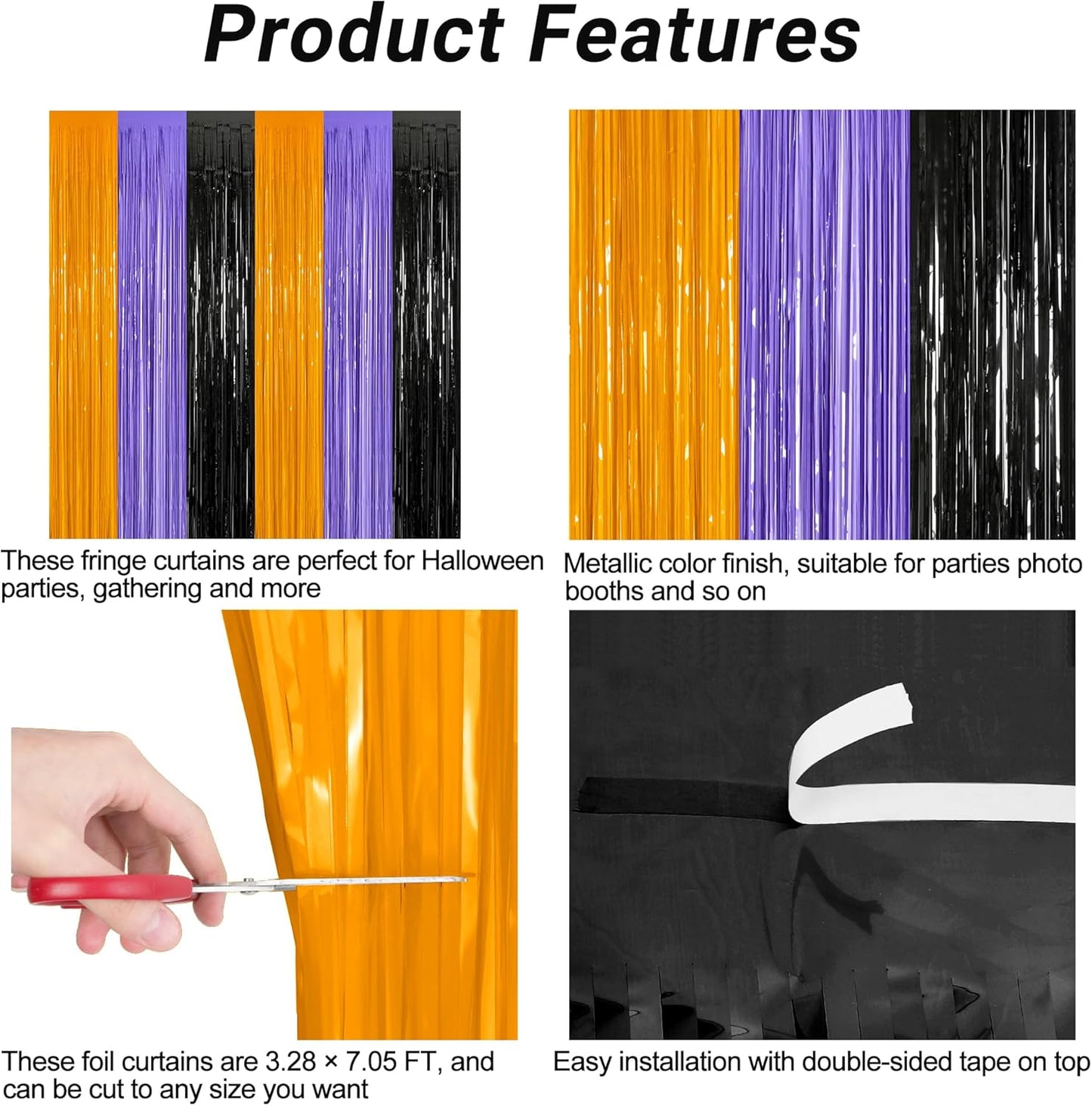 12 Pack Halloween Decor, 3.28 FT x 7.05 FT Orange Purple Black Fringe Curtains, Funny Wall Backdrop Photo Booth Backdrop Party Streamer, Halloween Foil Decorations Photo Booth Props