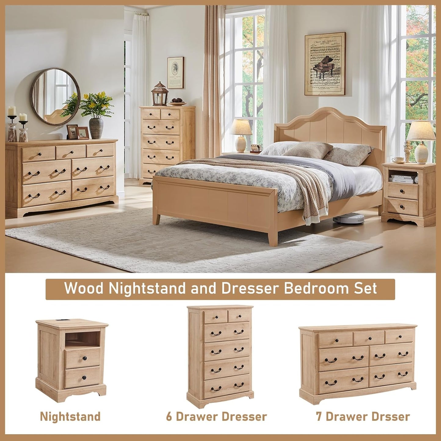 T4TREAM 7 Drawers Dresser Chests for Bedroom, Wood Vintage Chests of Drawers, Rustic Dressers Chset Organizer for Bedroom, Living Room, Hallway, Natural Oak