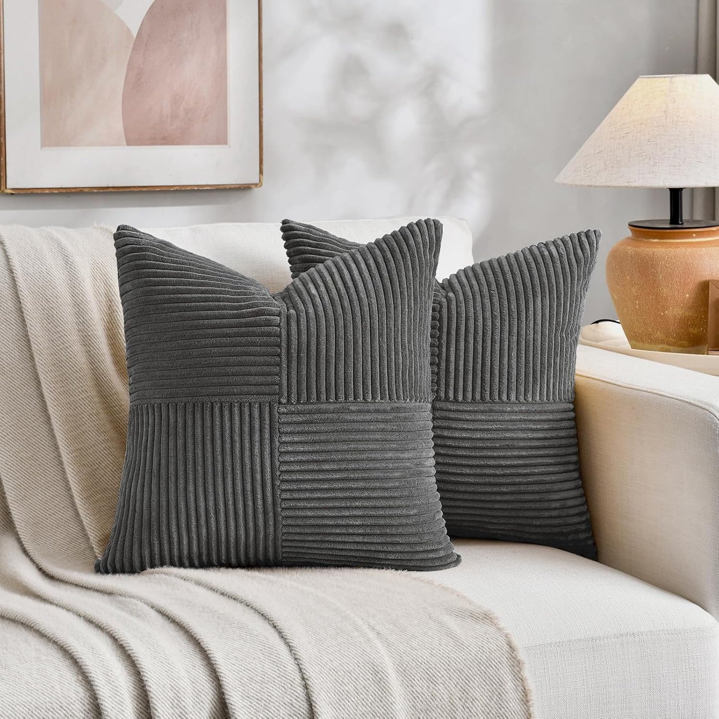 Fancy Homi 2 Packs Dark Gray Samll Decorative Throw Pillow Covers 12x12 Inch with for Couch Bed Sofa, Rustic Farmhouse Boho Home Decor, Soft Corss Patchwork Corduroy Square Cushion Case 30x30 cm