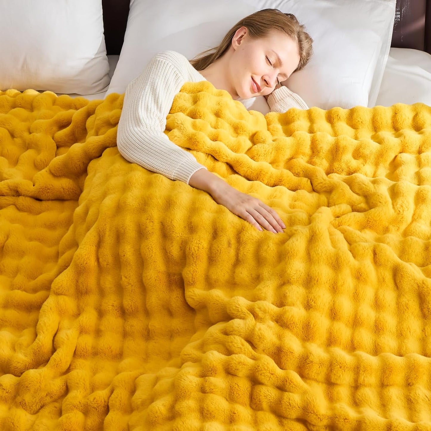 NEWCOSPLAY Faux Fur Throw Blanket Mustard Yellow Bubble Blanket Thick Warm Soft for Couch Sofa Bed 550GSM (Mustard Yellow, Throw(50"x60"))