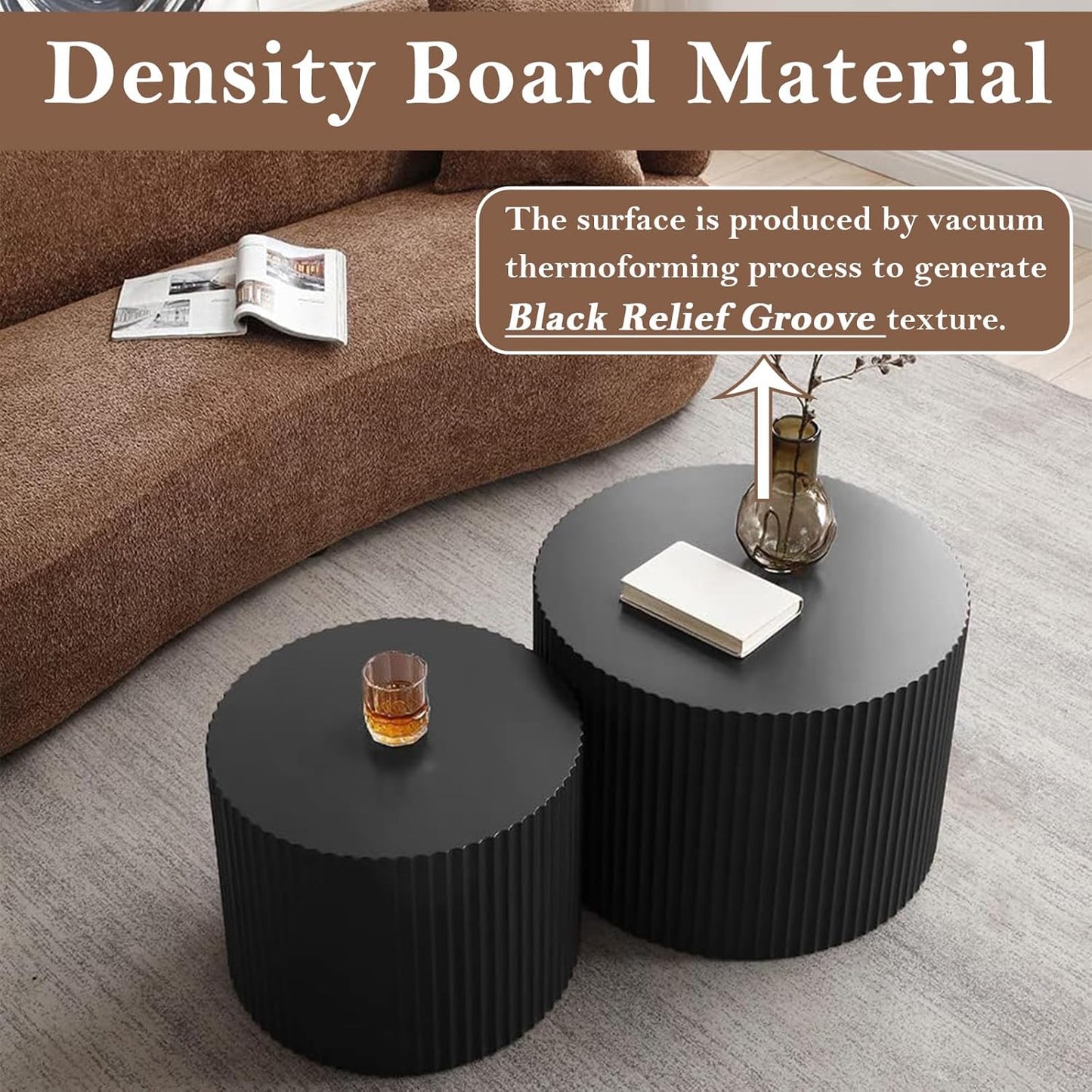 Round Nesting Coffee Table Black Round Fluted Coffee Table Set of 2 for Living Room Small Circle Drum Nested Coffee Tables (Black A 18in)