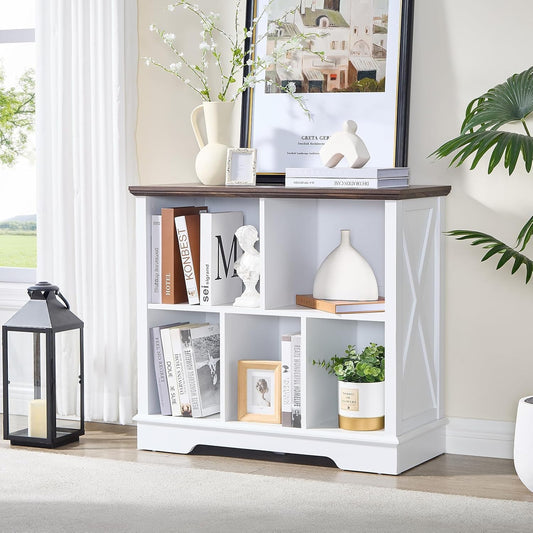 Farmhouse 5 Cube Bookshelf, White Storage Organizer Bookcase, Kids Toy Storage Cabinet, Small Bookshelves Storage Organizer Shelf, Wood Display Cabinet Book Shelves for Bedroom,Living Room,Office