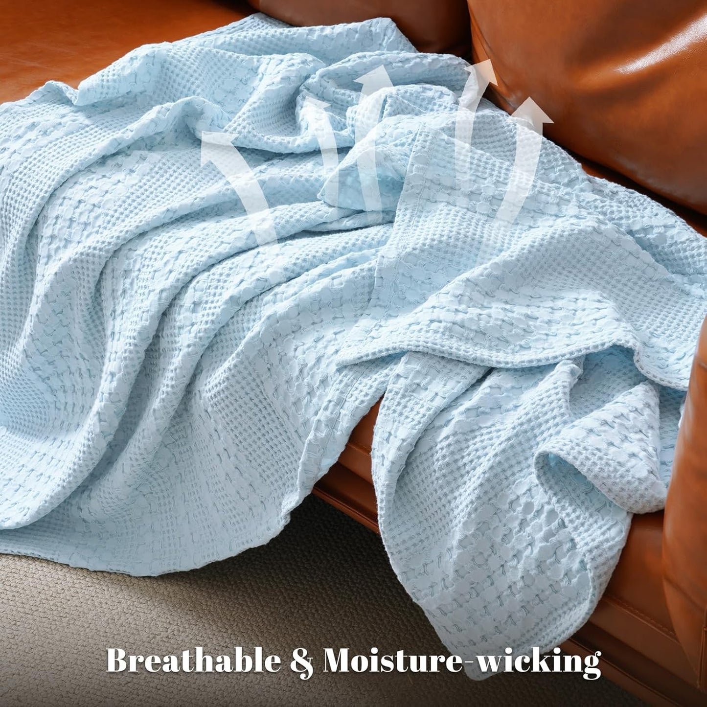 PHF 100% Cotton Waffle Weave Blanket Queen Size, Soft Lightweight Breathable Cozy Summer Blankets for Bed, Luxury Aesthetic Woven Bedding for Home Decor, 90"x90", Baby Blue