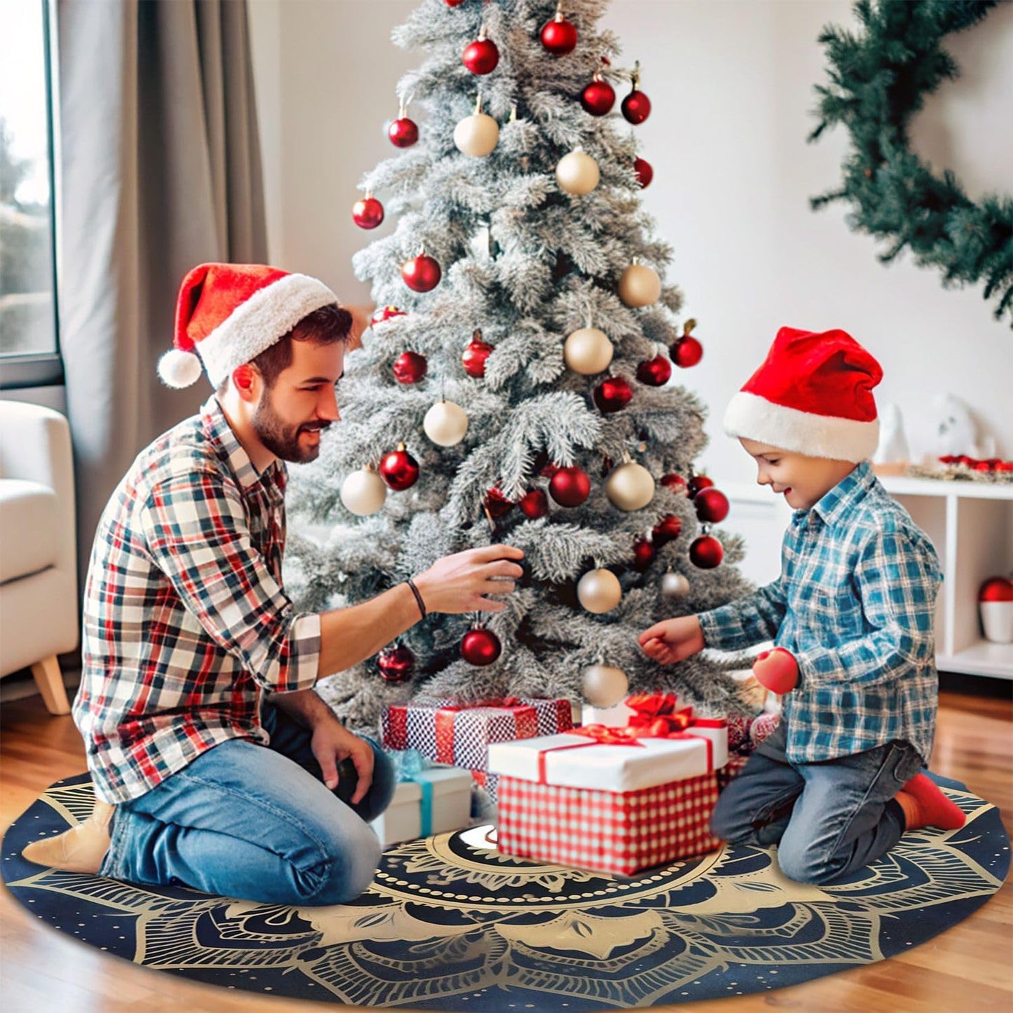 48" Large Christmas Tree Skirt, Elegant Gold Mandala Blue Galaxy Pattern Tree Mat Base Cover for Xmas Festive Holiday Party Decoration Ornaments