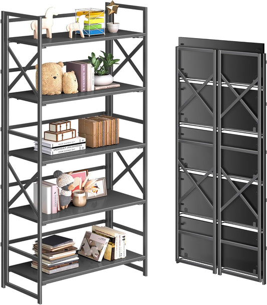4NM 5 Tiers No Assembly Book Shelves, 51.2" H Folding Bookshelf Bookcase Open Industrial Foldable Shelves for Bedroom, Living Room, Home Office - All Black
