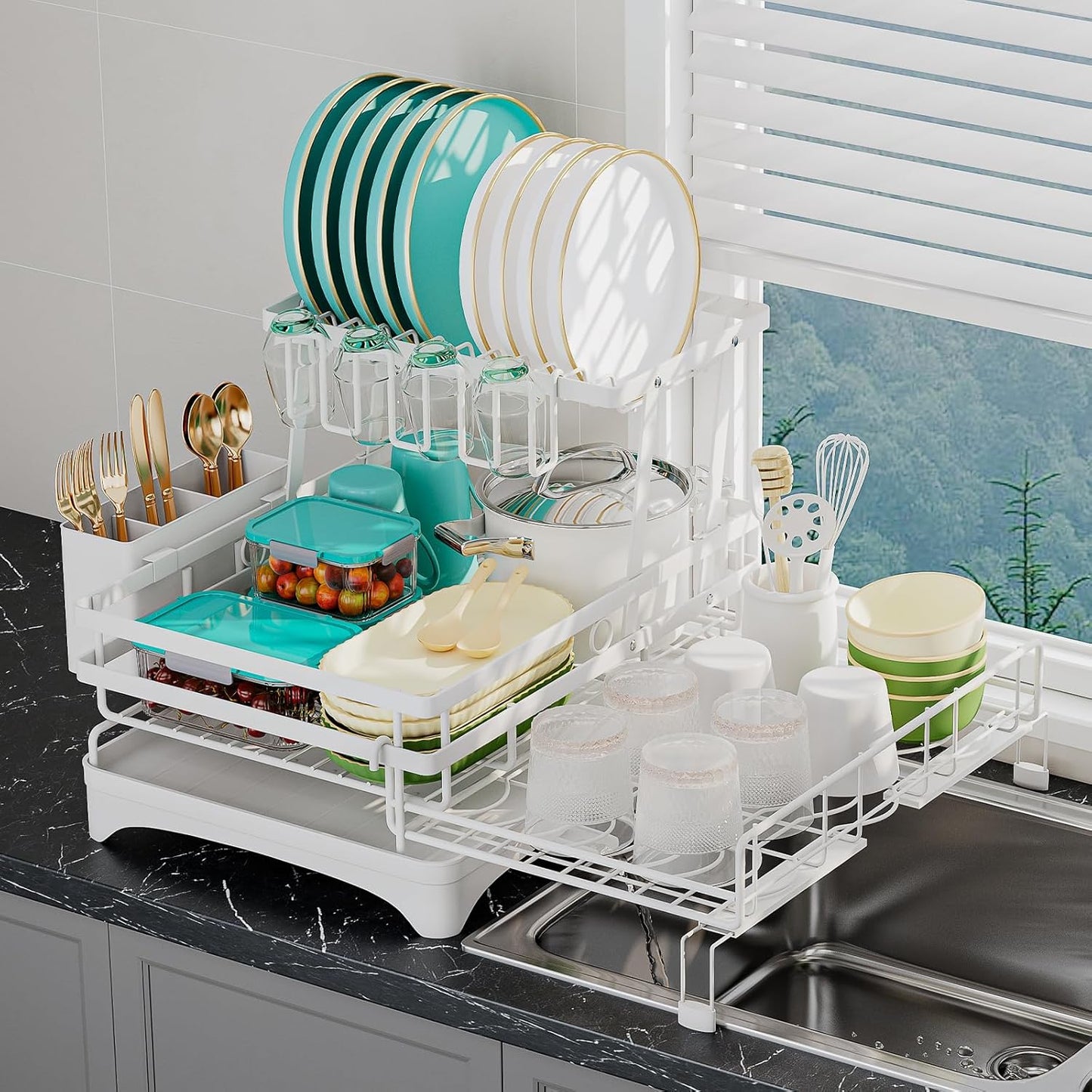 2 Tier Large Dish Drying Rack - Extendable Dish Rack, 2-in-1 Anti-Rust Stainless Steel Dishrack for Kitchen Counter and Sink, Dish Strainer with Utensil Holder & Cup Holder(White)
