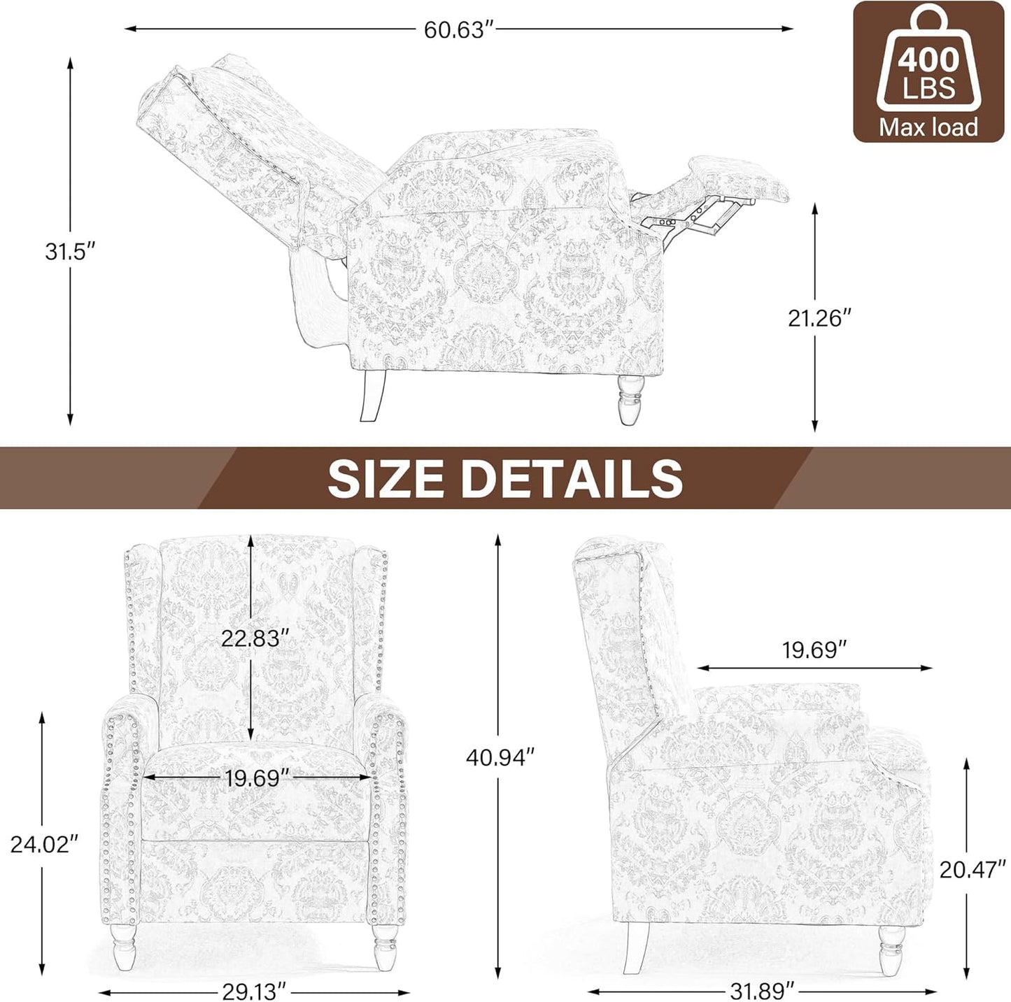 UIXE Pushback Recliner Chair, Fabric Upholstered Armchair Push Back Accent Chair for Living Room, Rivet Trim Home Theater Single Sofa Bedroom Reading Seat with Footrest - Beige Plants